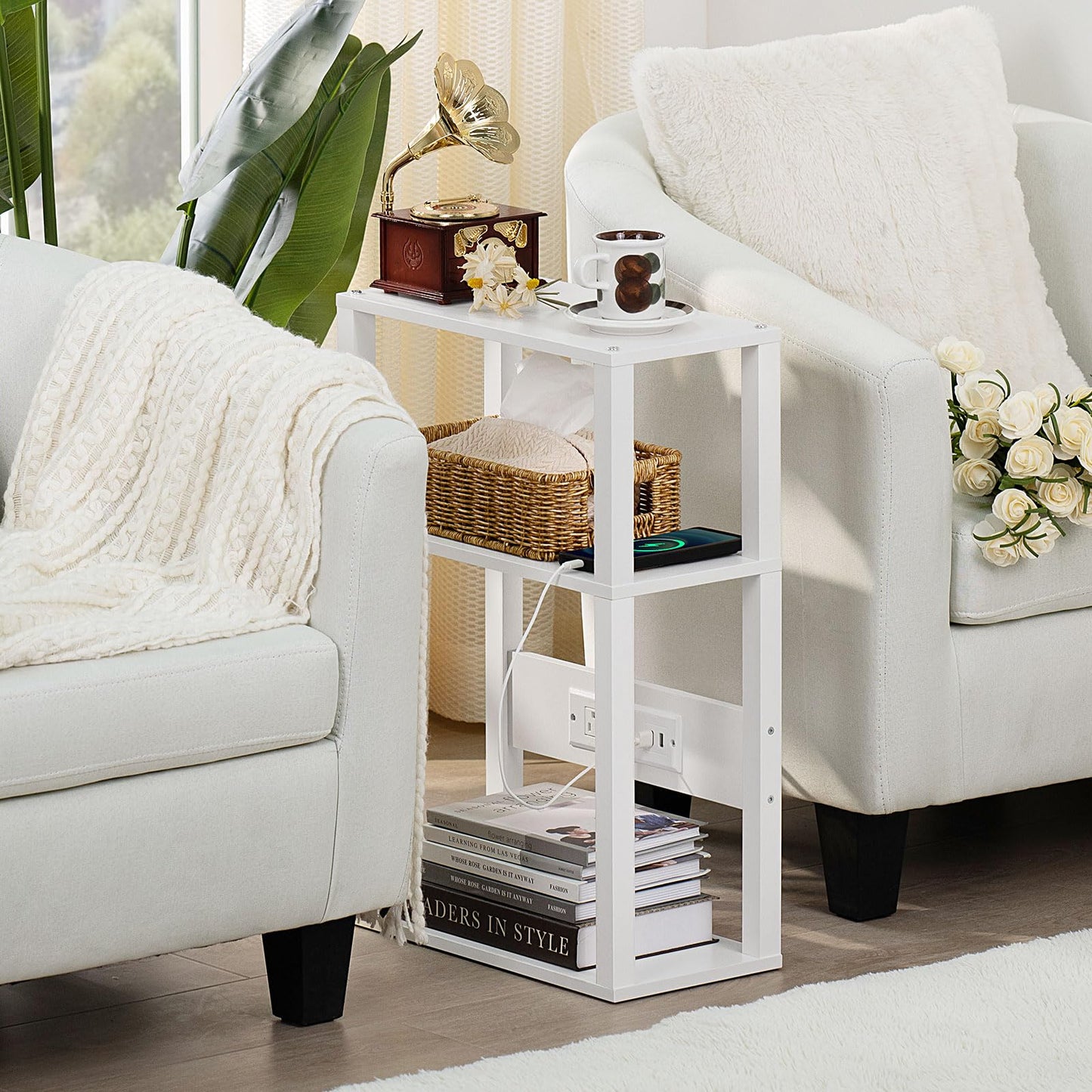 YUFAM 3-Tier Small Narrow Wood Side Table Set of 2 with Charging Station - Skinny Nightstand for Small Spaces, Slim Bedside Table with USB Ports and Outlets - Thin End Table with Storage, White