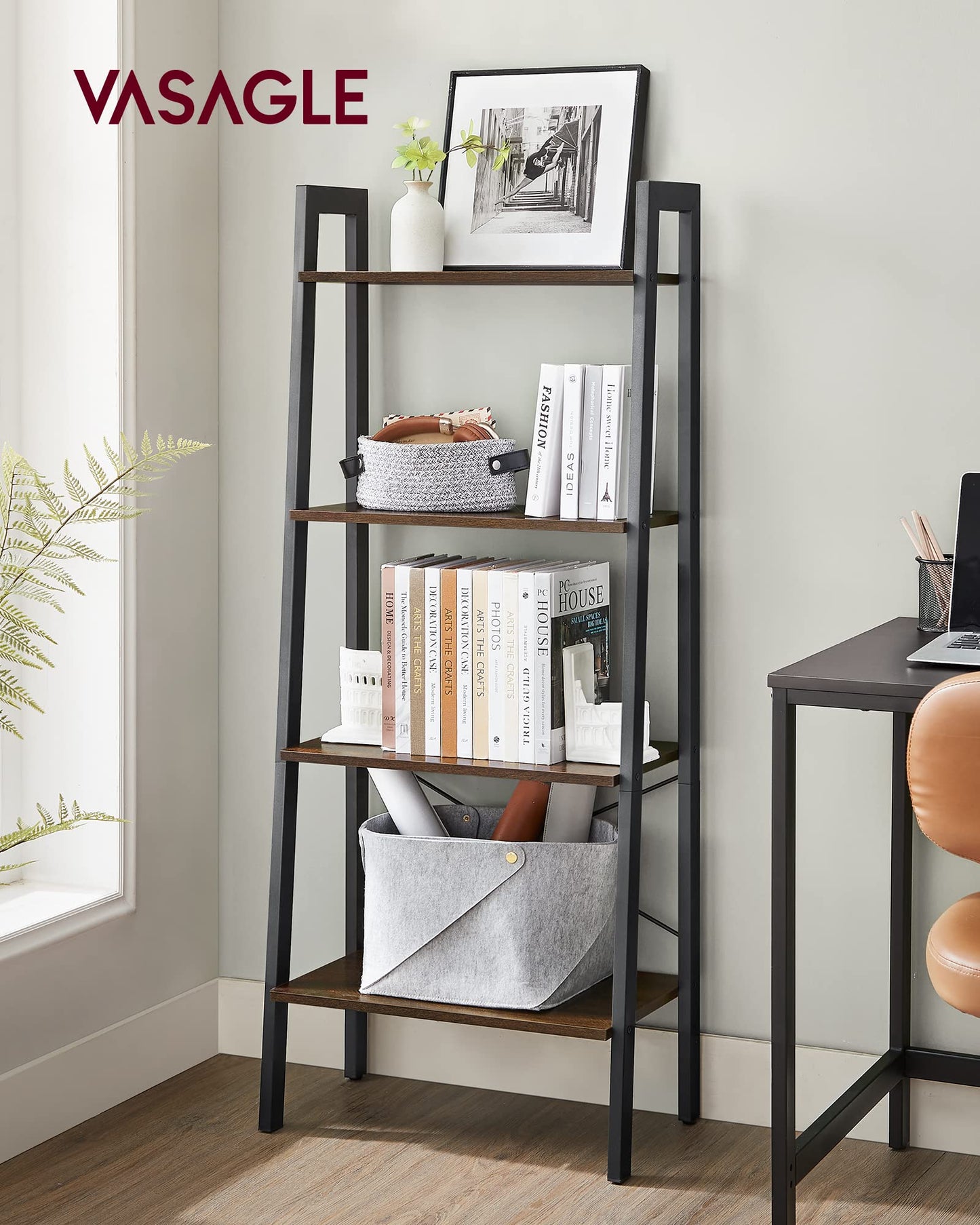 VASAGLE BARNET Collection - Ladder Shelf, Bookshelf, Storage Rack, Modern Bookcase for Living Room Home Office Kitchen, Steel Frame, 4-Tier, 22-Inch Wide, Hickory Brown and Ink Black ULLS44BF