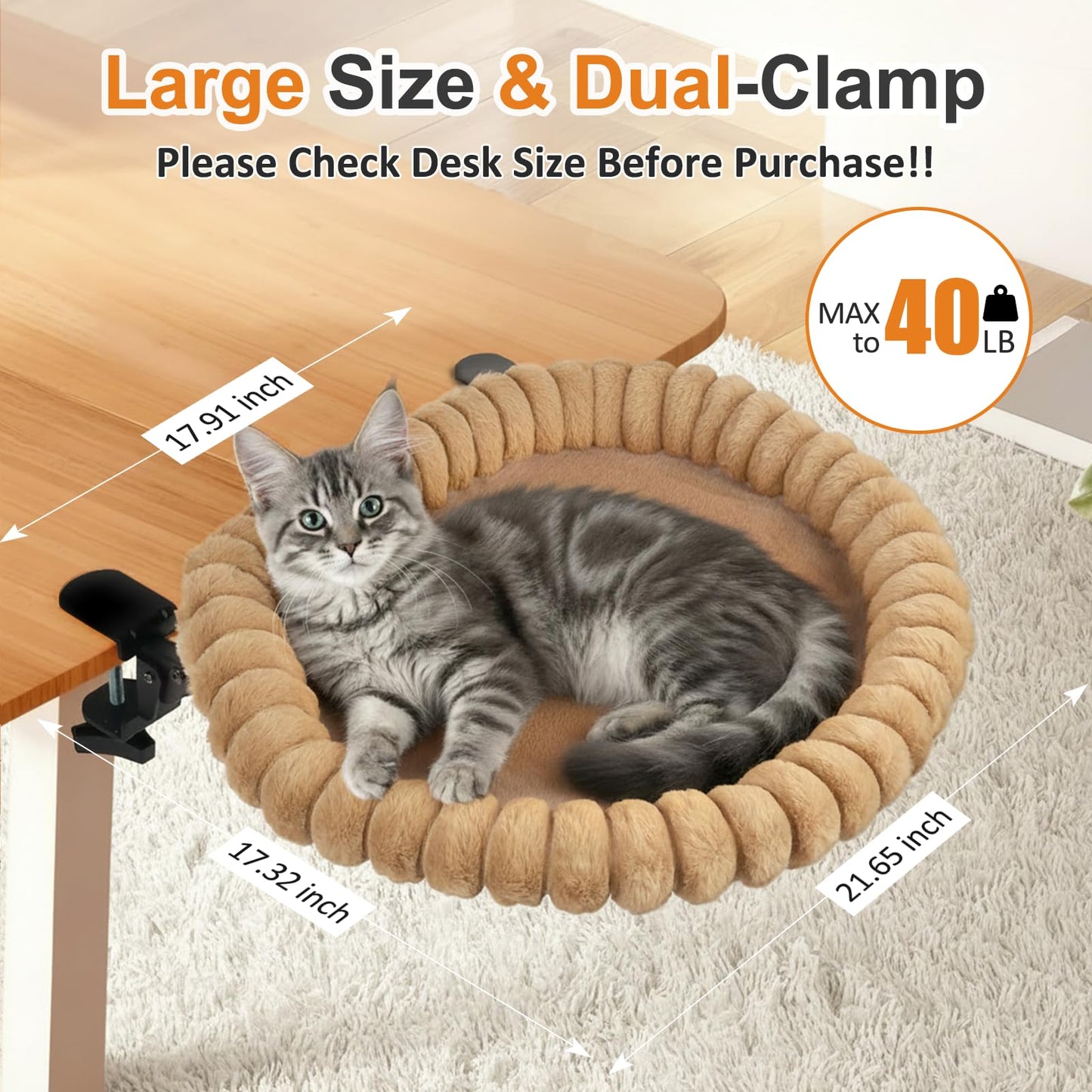 Pawow Large Cat Desk Bed, 90° Foldable Space-Saving & Sturdy Dual-Clamp, 2 Washable Covers(Faux Fur & Mesh), Metal Frame, Supports up to 40 Lbs, Pet Perch Desktop Hammock for Small to Large Cats
