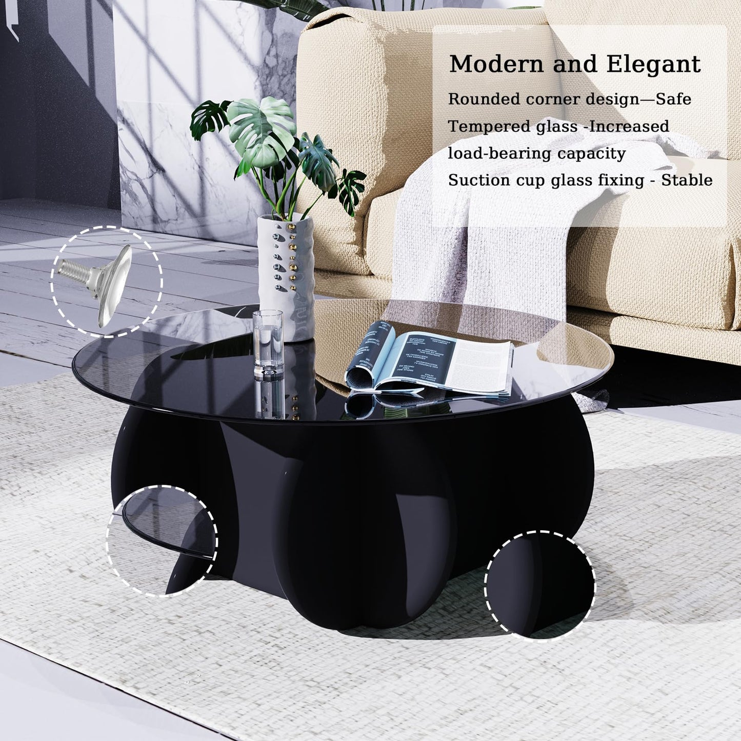 Black Glass Top Coffee Table Modern Elegant Round Coffee Tables with Solid Wood Legs and Tempered Glass Tabletop for Living Room Home Small Space Reception Office Tables 31.5"
