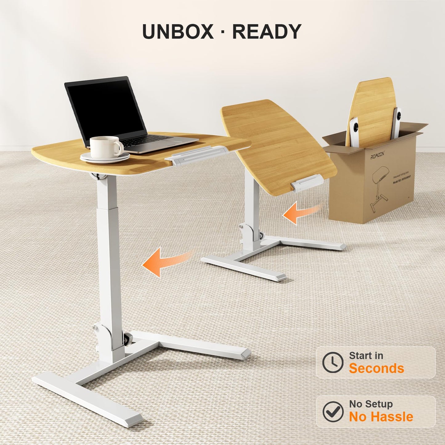 ROMOON Foldable Small Standing Desk with No-Assembly Design, Rolling Height-Adjustable Sit-Stand Table with Wheels, Space-Saving Portable Laptop Cart for Home Office and Small Space (Natural Oak)