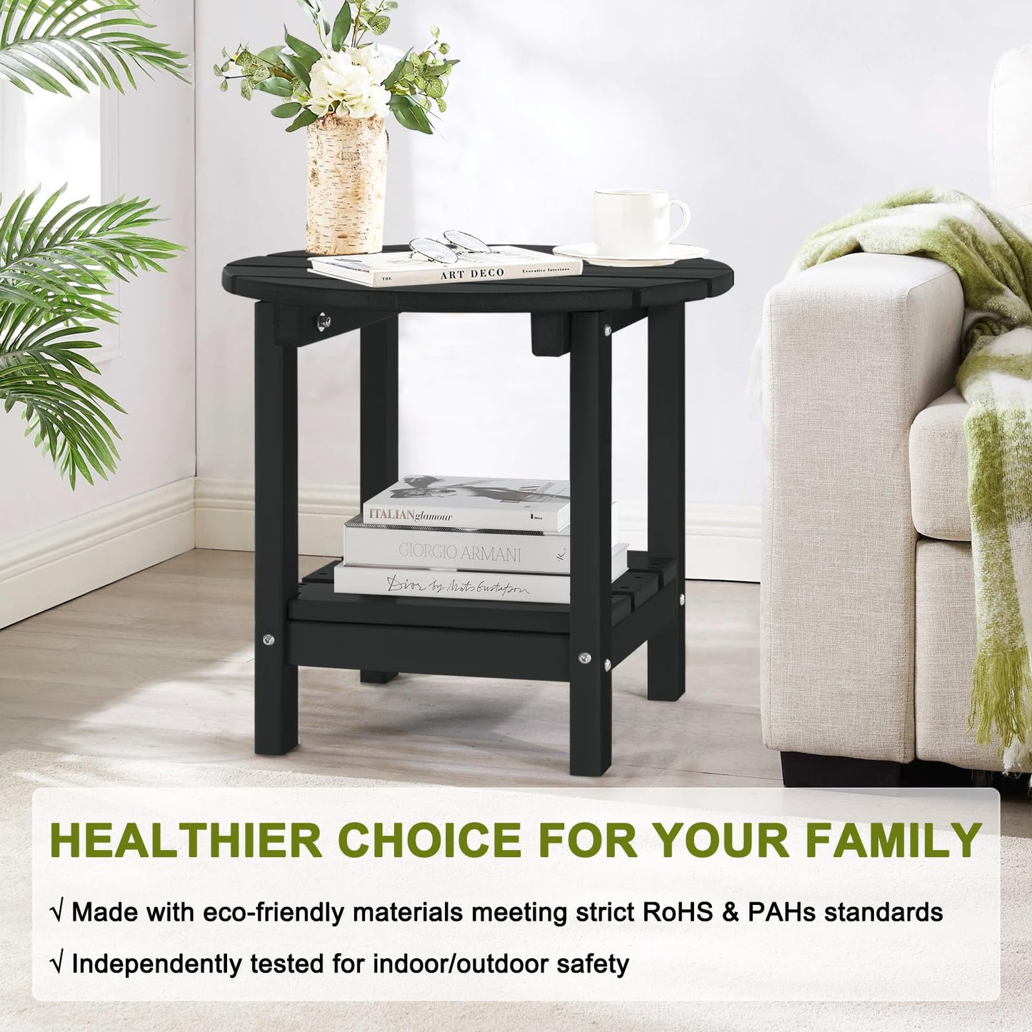ABCPATIO Adirondack Outdoor Side Tables, 2-Tier Round Outdoor Table, Weather Resistant HDPE Patio End Table for Garden, Lawn, Pool, Beach, Porch, Deck, Backyard - Black