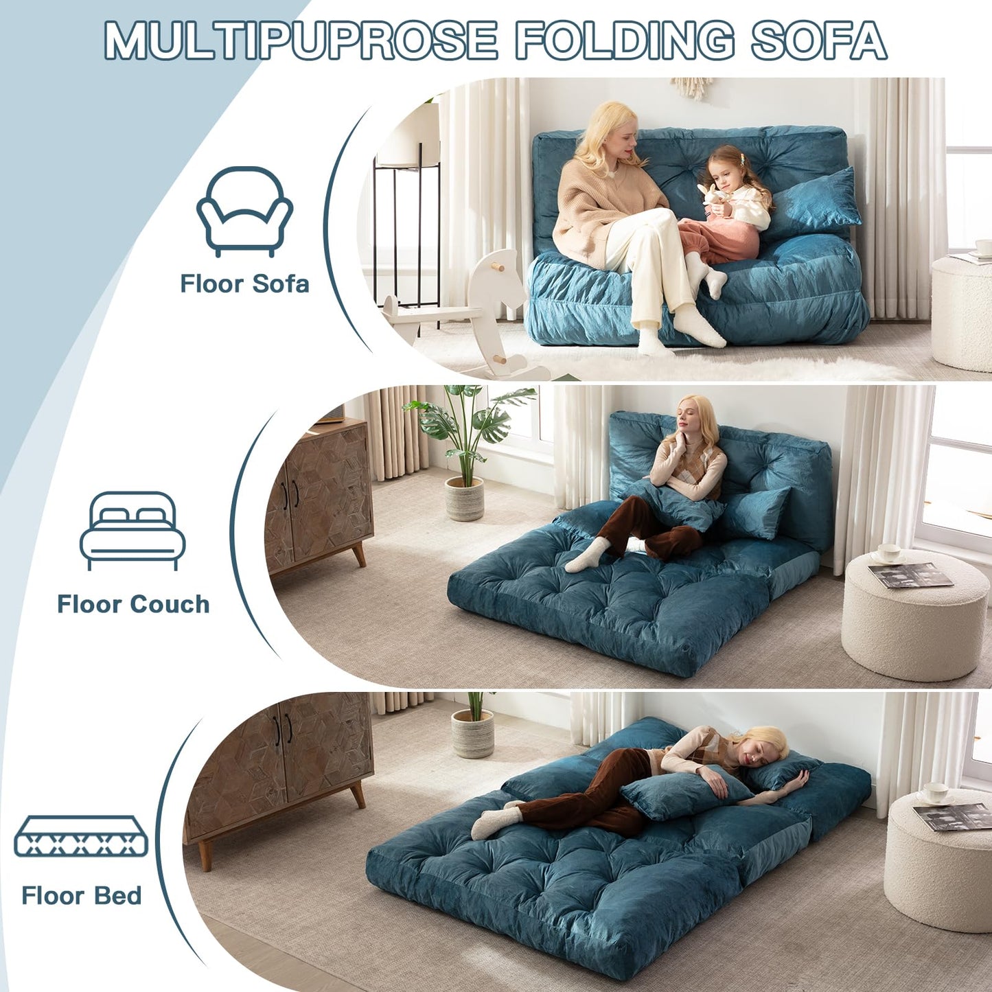 Folding Sofa Bed, Convertible Sleeper Chair with Pillow Foldable Mattress with Back Support, Portable Fold Out Chair Bed Comfy Floor Sofa Lounge for Living Room Bedroom, Blue Full 80x54 Inch