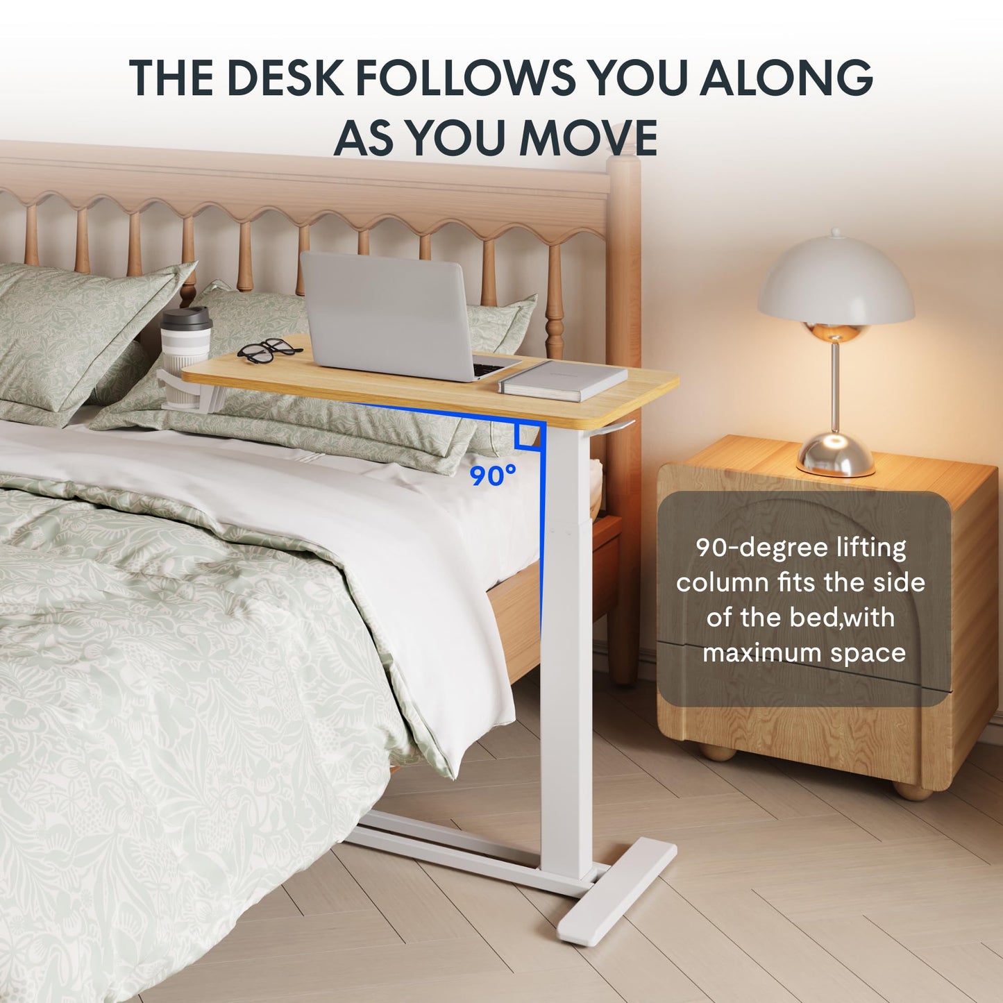 FLEXISPOT H7 Adjustable Overbed Bedside Table with Wheels Pneumatic Mobile Standing Desk Laptop Desk Rolling Computer Cart Movable Overbed Table Hospital Home Use(27.6" W x 15.7" D, Maple Table)