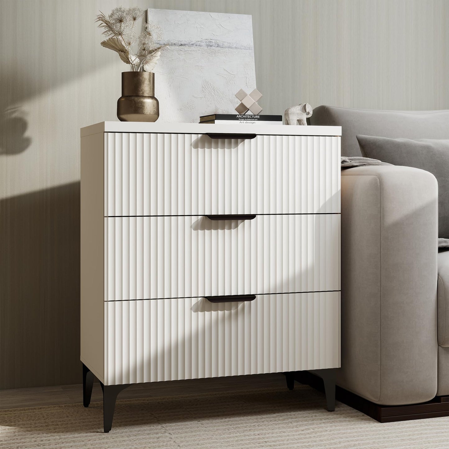 GRAINLLE Wood Night Stand Fluted Dresser for Bedroom 3 Drawers End Tables Nightstand, Storage Modern Side Table Natural White Bedside Table