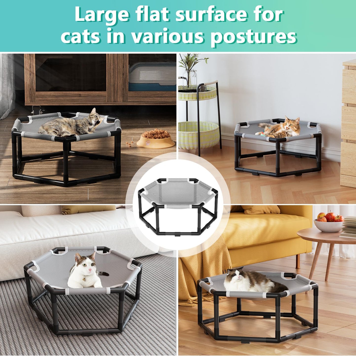 Tresbro Elevated Cat Hammock Bed, Hexagon Raised Cat Swing Bed for Indoor and Outdoor Use with Breathable Fabric & Anti-Slip Block, 23.6'' x 10.6'' x 12'' Pet Chair for Large to Small Kitty Cot