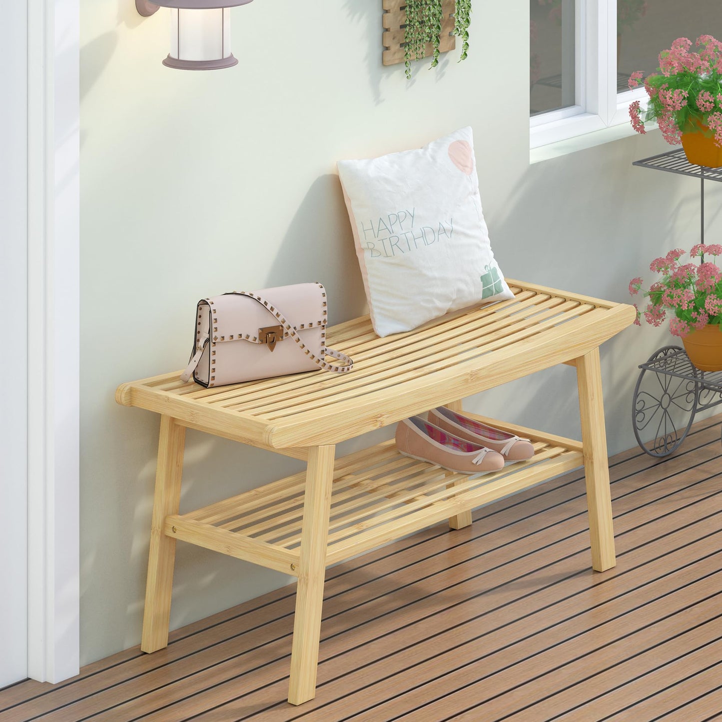 Bamboo Dining Bench Indoor Long Bench Sturdy & Comfortable Indoor Storage Bench Durable Slat Woven Design Modern Entryway Seating for Hallway (Nature, 2 Tiers)