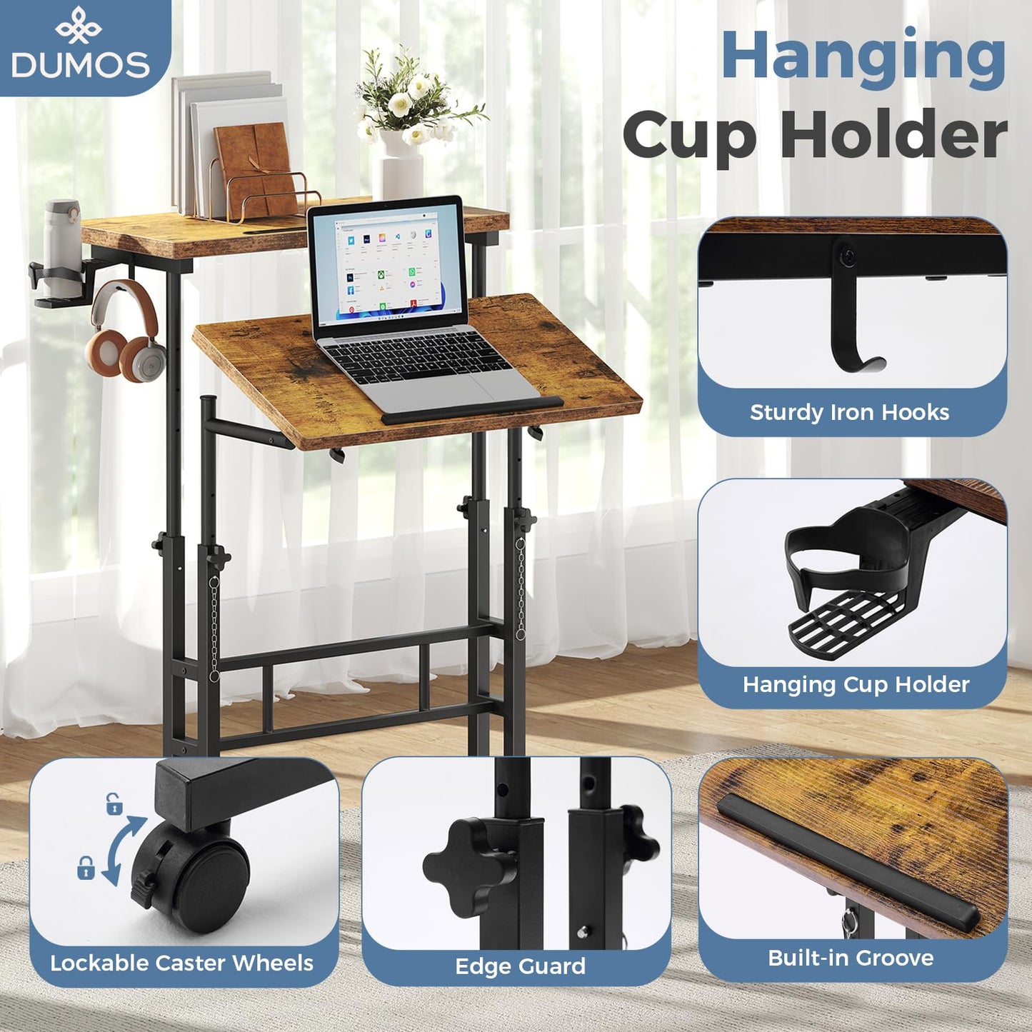 DUMOS Split Top Rolling Standing Desk 23.6 Inch Mobile Laptop Workstation Manual Height Adjustable Sit Stand Office Table Walking Pad Study Surface Portable Home Office Computer Cart Rustic Brown
