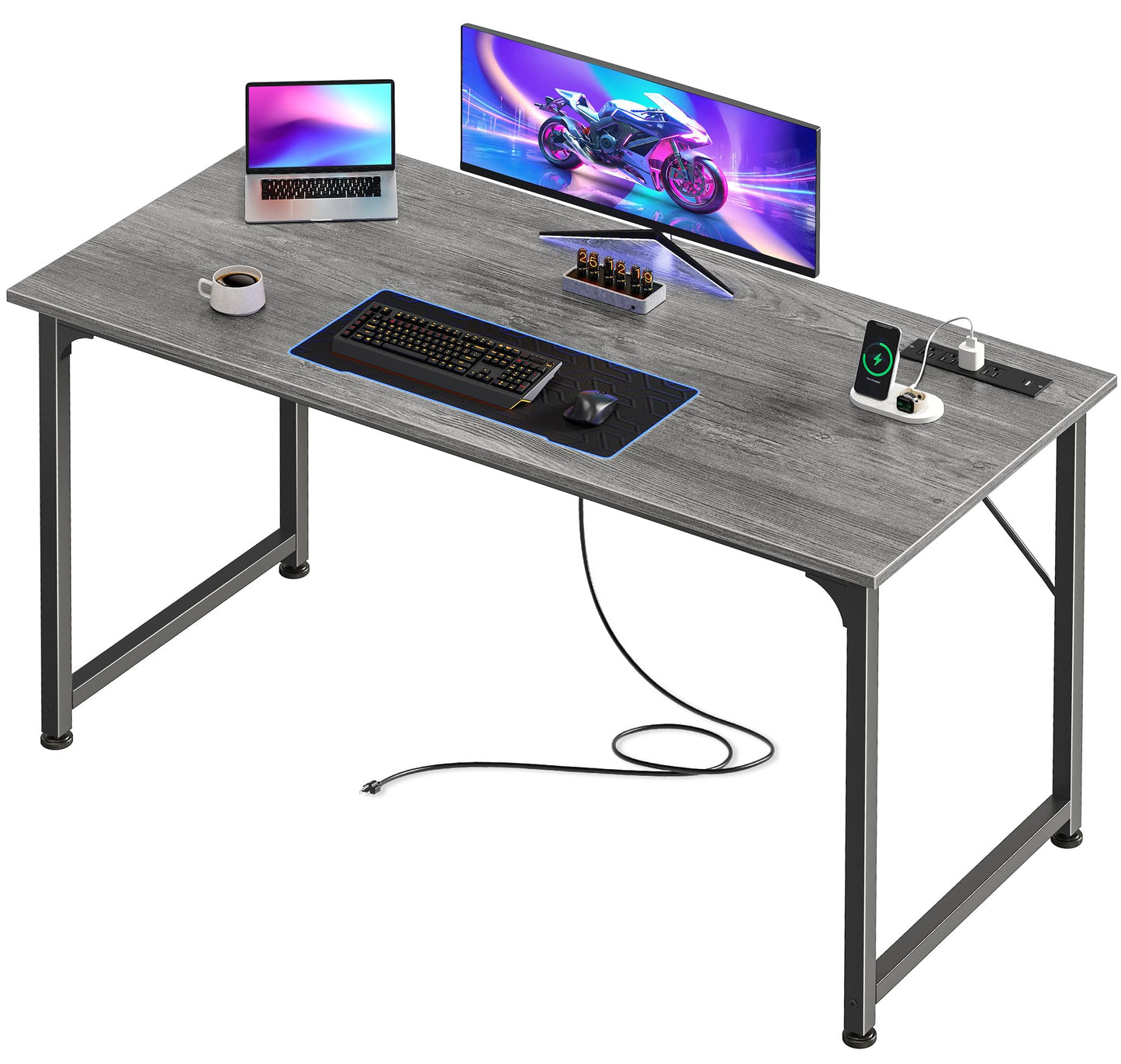 PRAISUN 47 X 20 Inch Office Computer Desk with Power Outlets and USB-C Port, Larger Gaming Desk, for Home Office, Study, Bedroom, Writing Work from Home Table, Metal Frame, Grey
