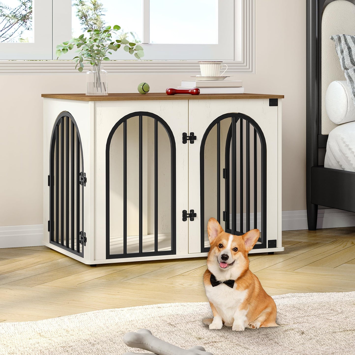 Hzuaneri 31.5'' Wooden Dog Crate Furniture, Indoor Dog Kennel Dogs Cage for Small/Medium Dogs, Heavy Duty Dog Crates Decorative Pet House End Side Table TV Stand, White Brown DFC85114B