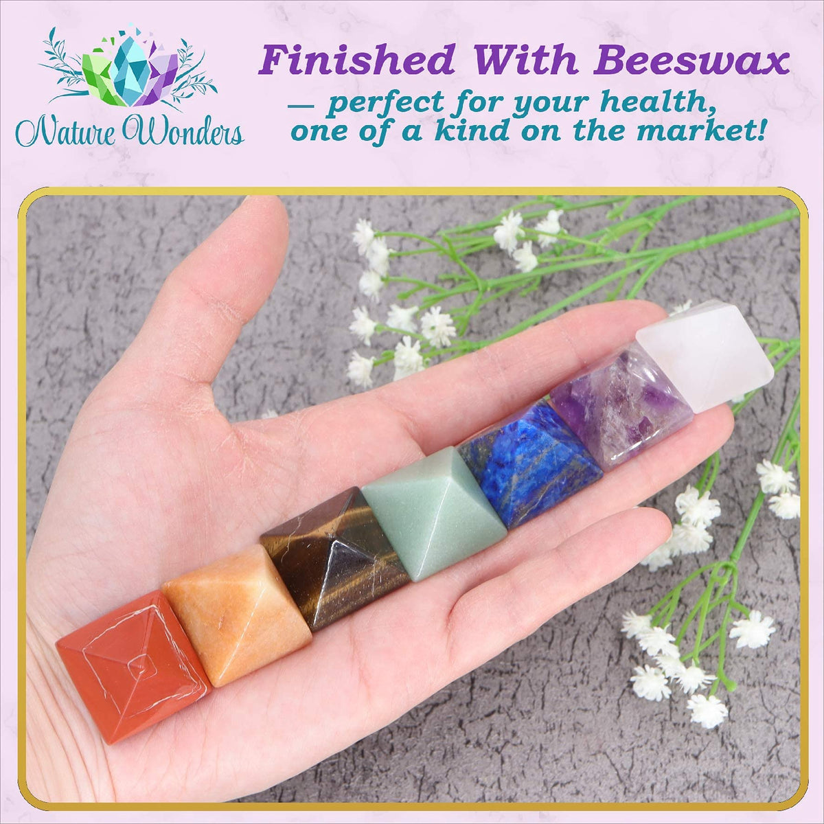 NatureWonders All Natural 7 Chakra Stone Set (Pyramid) with Engraved Symbols (Gift Box, Information Brochure & Pouch) - Healing Crystals, Balancing, Tumbled Palm Stone, Touchstone, Meditation