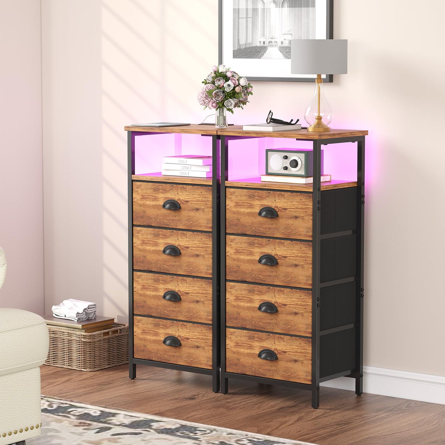 sthmec Nightstand with Charging Station,LED Nightstand with 4 Fabric Drawers, Bedside End Tables, 2-Tier Open Storage Shelf Side Table Nightstand with Drawers for Bedroom,Rustic Brown