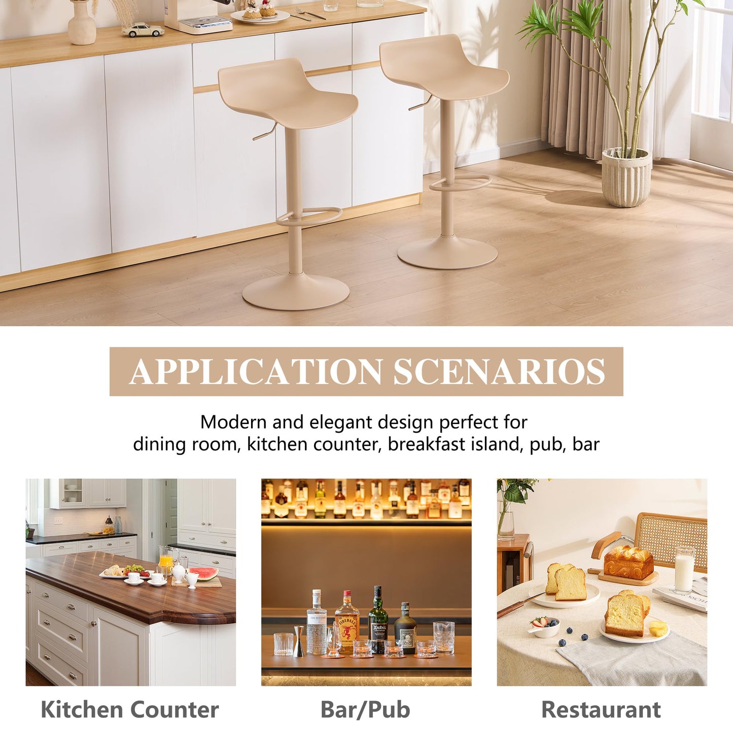 YOUNIKE Adjustable Height Bar Stools Set of 2 Plastic Swivel Barstool with Low Back Modern Kitchen Counter Island Bar Chairs for Breakfast Nook Cafe Bars Light Khaki