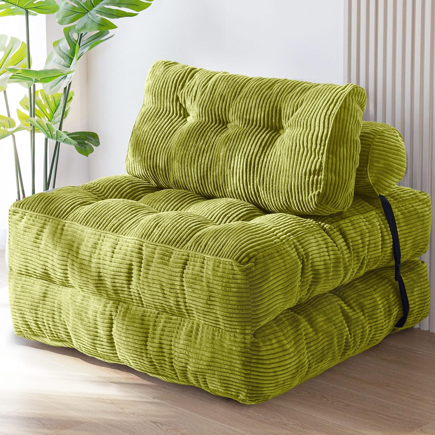 MAXYOYO Folding Sofa Bed, Convertible Chair with Pillow Foldable Couch with Back Support, Portable Fold Out Chair Bed Comfy Floor Sofa Lounge for Living Room Bedroom, Beige, Green