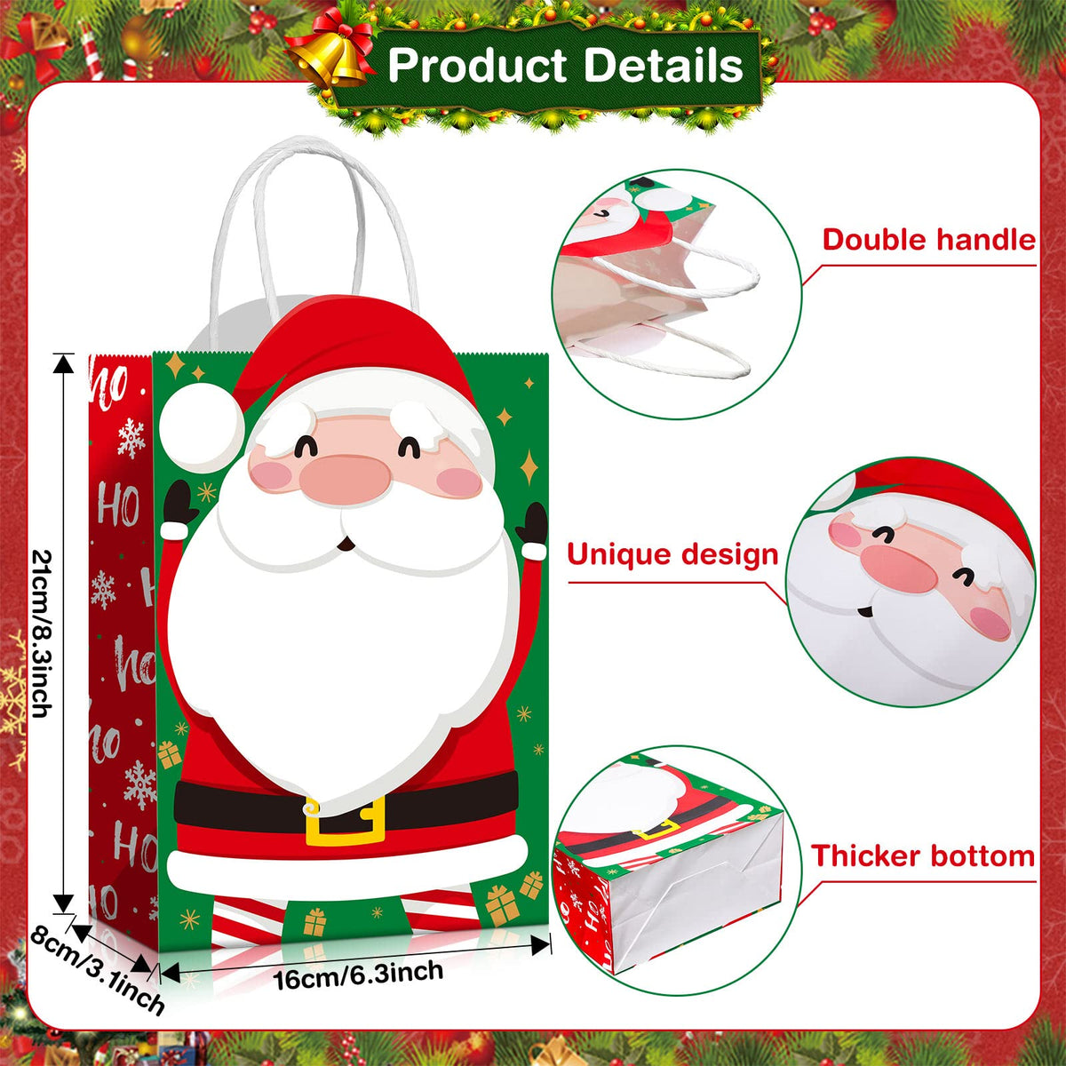 Funrous 18 Pack 36 Pack Christmas Gift Bags 6 Designs Christmas Kraft Paper Bags Xmas Treat Goodie Favors with Handles for Winter Holiday Snacks Gift Party Supplies, 8.6 x 6.3 x 3.2 Inch