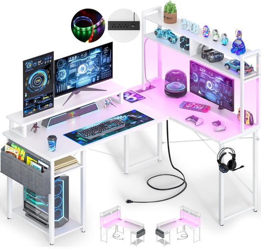 Besiost Small L Shaped Desk Gaming Desk with Power Outlets, 48" Reversible L Shaped LED Computer Desk with Monitor Stand & Storage Shelf, Corner Gamer Desk Home Office Desk with Storage Bag, White