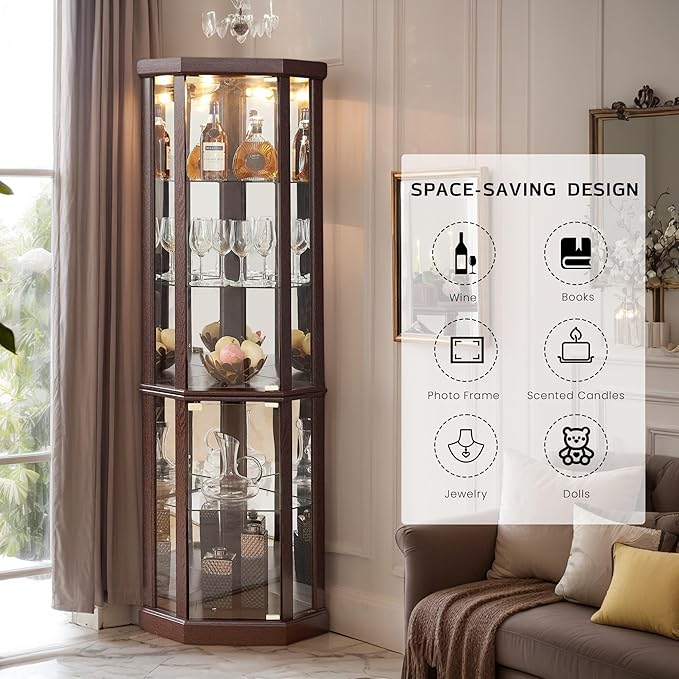 Corner Curio Cabinet, Light Bulb Inclued, Wine Bar China Cabinet