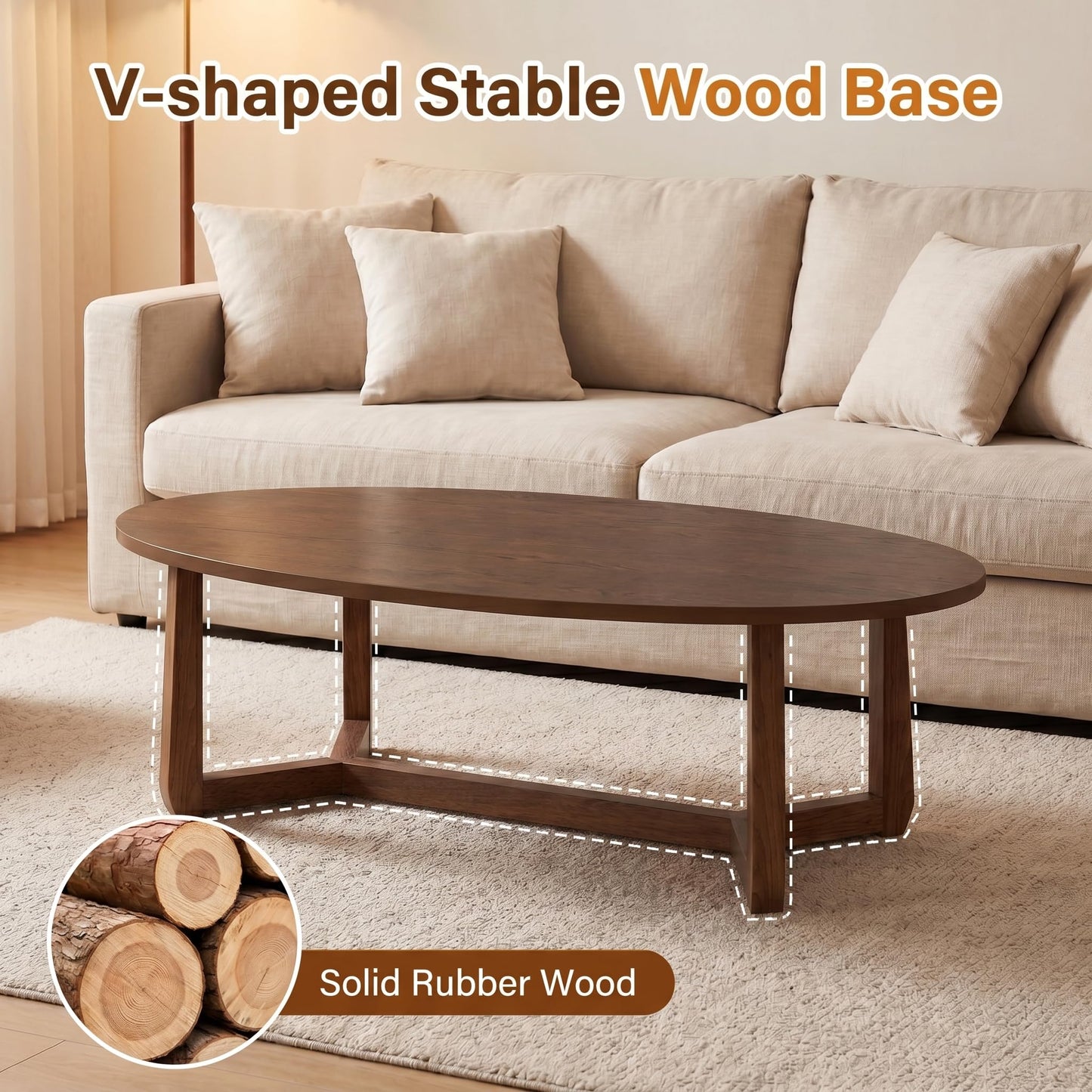 POWERSTONE Oval Coffee Table, 46'' Wooden Center Table, Low Profile Modern Living Room Table for Home, Reception, Office, Small Space, Walnut