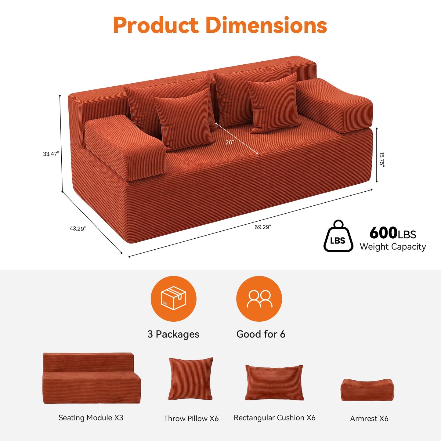 MONVANE 3-Piece Boneless Loveseat Couch Set for Living Room, Oversized Modular Sectional Sofa Set with Removable Armrests, Comfy Corduroy Cloud Couch with 12 Pillows, No Assembly Required, Terracotta