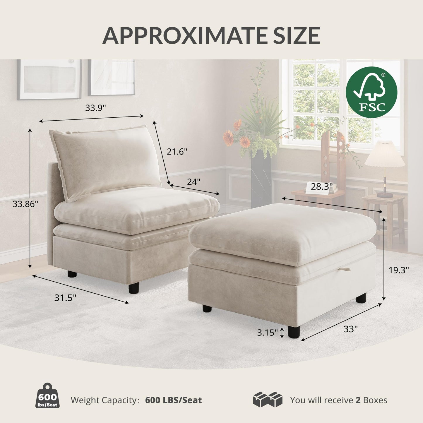 Attalee Single Armchair with Storage Ottoman, Modern Chenille Deep Seat Cloud Couch with Convertible Chaise, Upholstered Sofa Set for Living Room and Bedroom, Beige