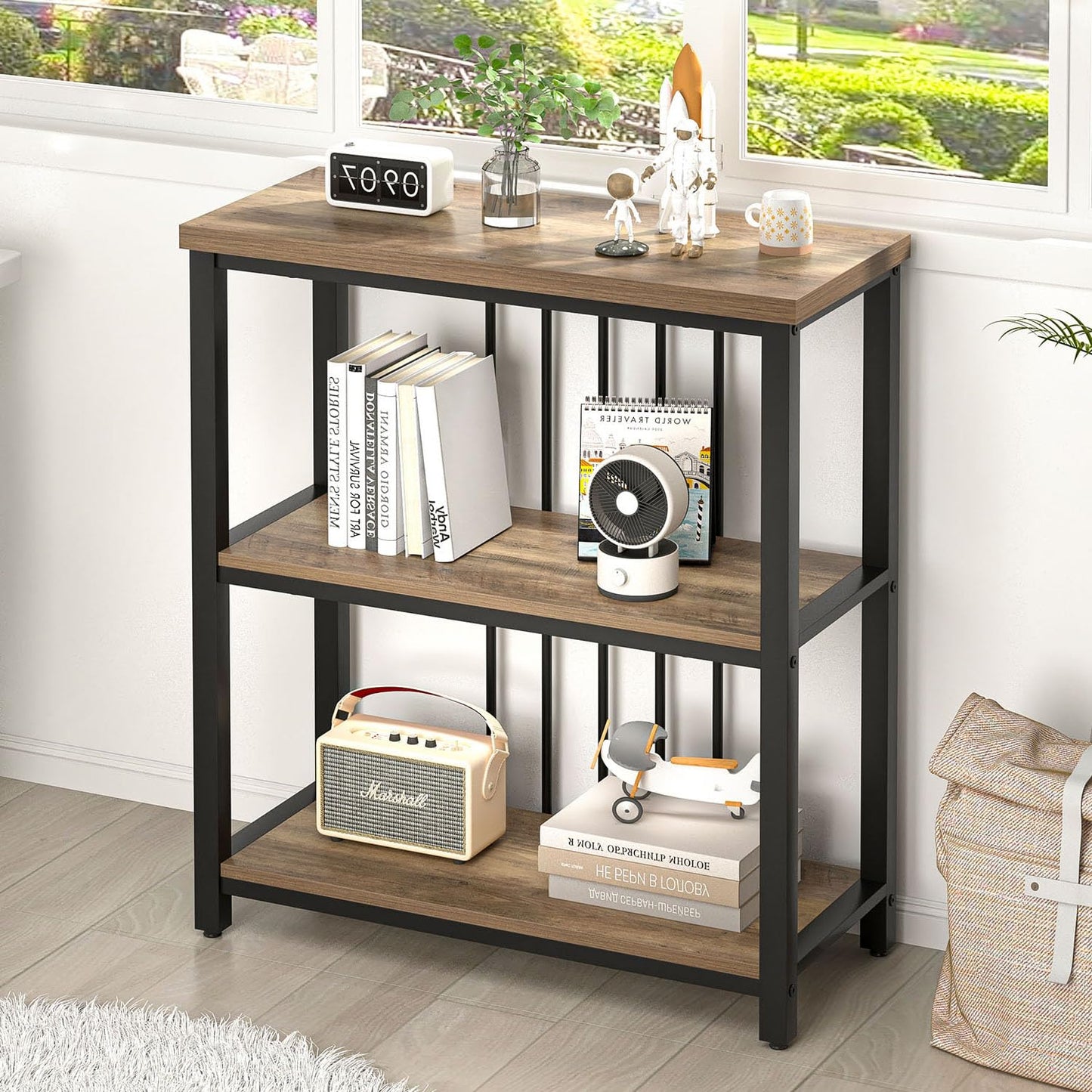 FOLUBAN Small Bookshelf and Bookcase, 3 Tier Open Book Shelf, Modern Metal and Wood Shelving Unit for Living Room Bedroom, Oak