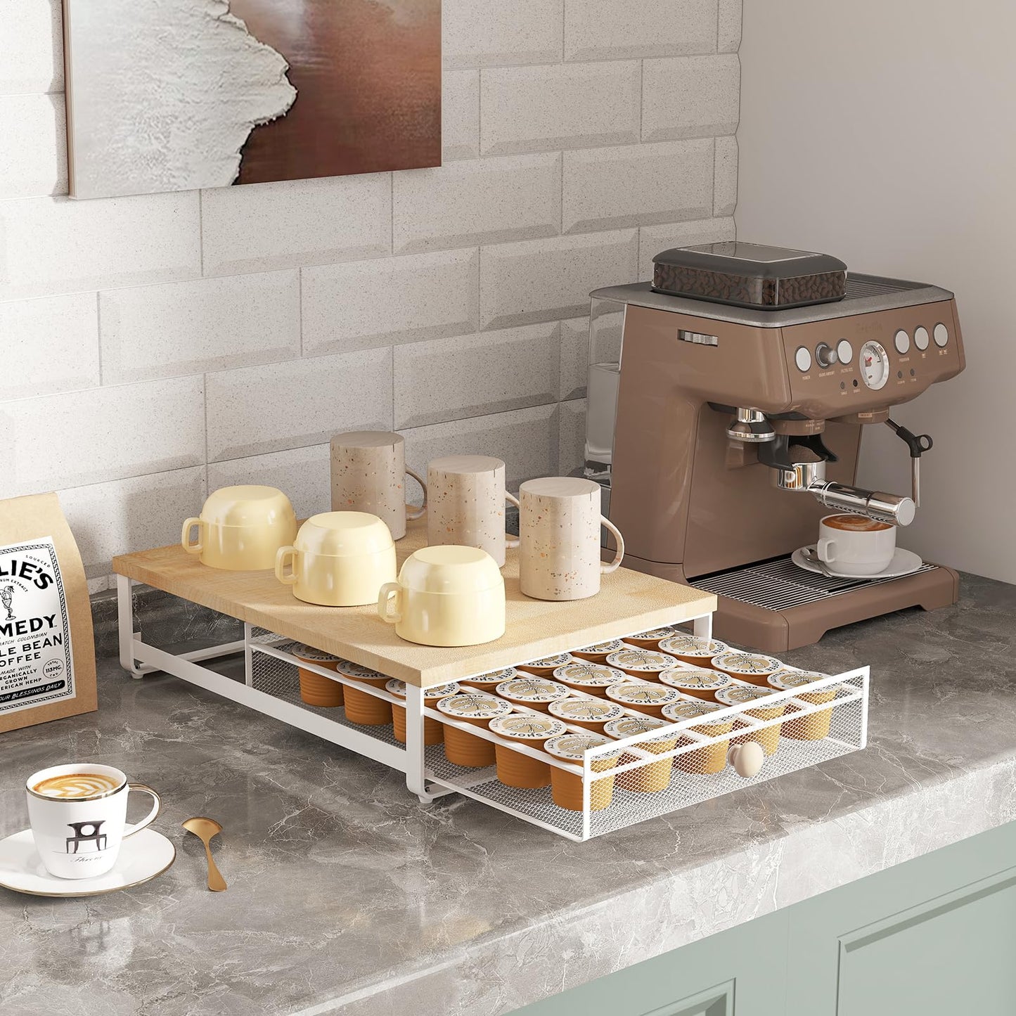 Sedegn Coffee Pod Holder Counter Coffee Vertuo Capsules Storage Organizer with Sliding Drawer Compatible For 35 K-Cup Pods No Assembly Needed Natural Colour