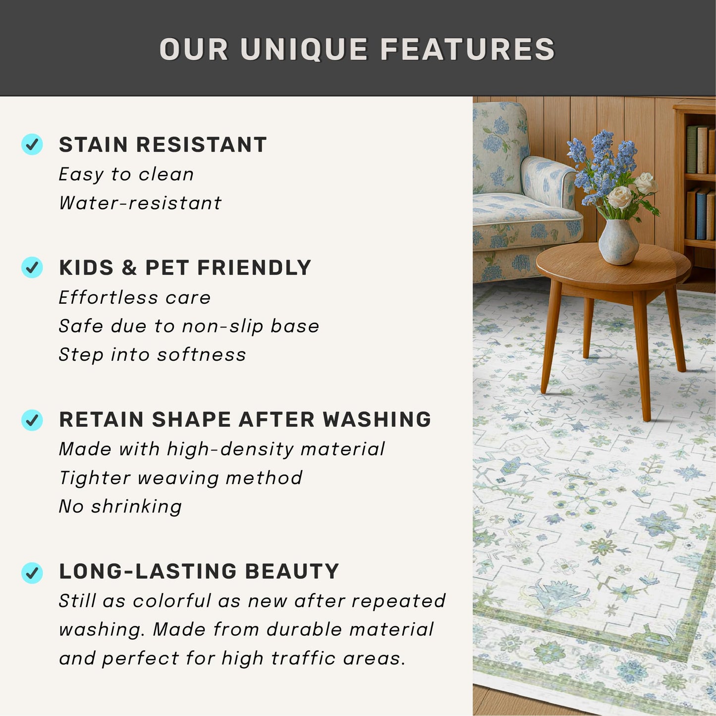 Green Area Rugs 9x12 Living Room - Washable Oriental Geometric, Extra Large for Bedroom Non Slip Soft Faux Wool Carpet for Dining Room Playroom, Lounge - Blue and Green Floral Rug