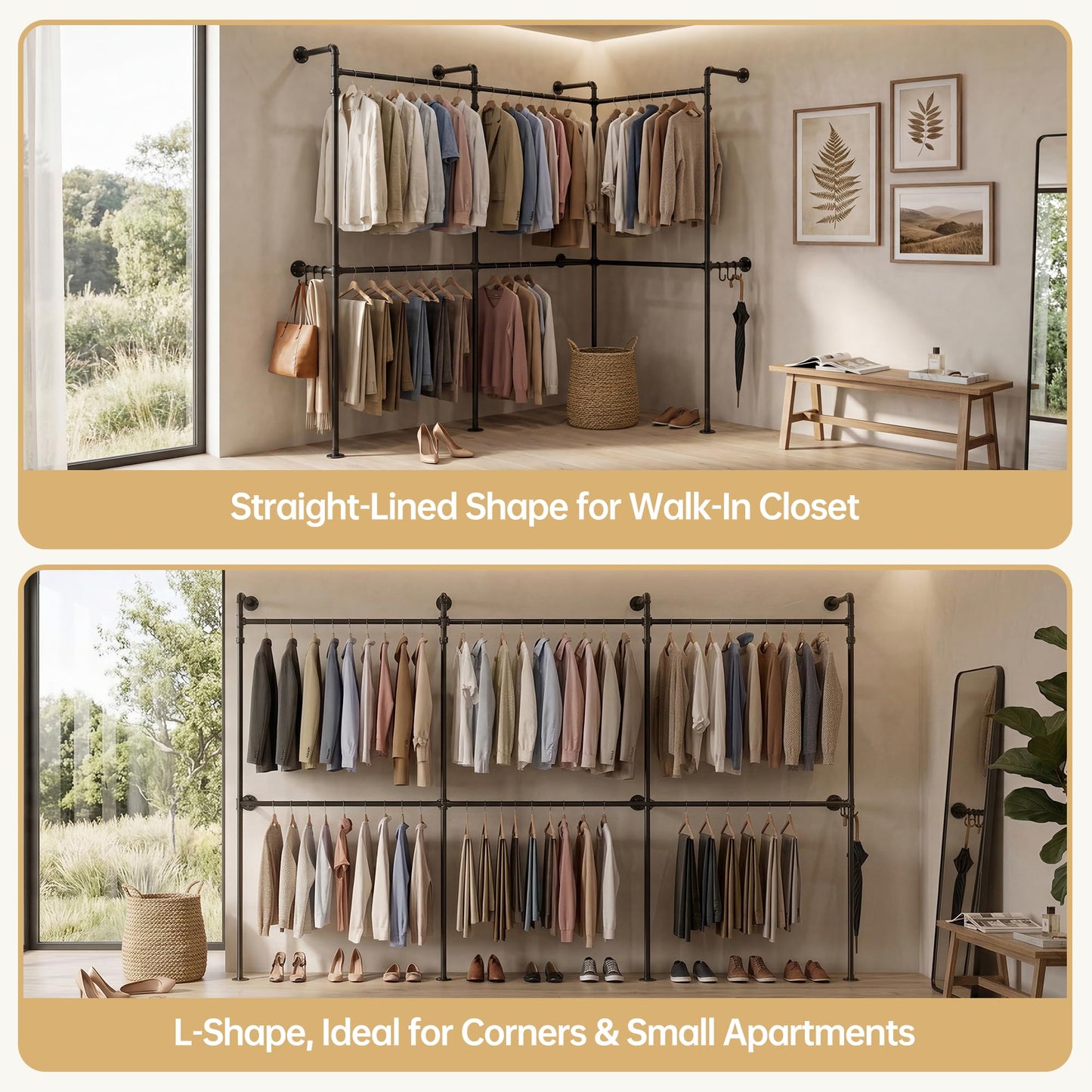 Kryonix Heavy Duty Wall Mounted Closet System, Industrial Pipe Clothing Rack with 6 Hanging Rods, 960LBS Capacity, Space Saving Garment Rack for Walk in Closet Bedroom, Black