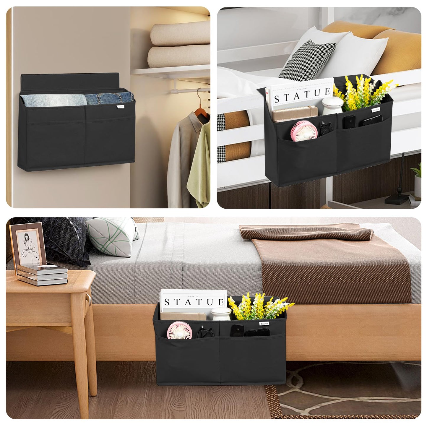 JOYYTUU 2 Pack Desk Side Hanging Organizer, Adhesive Storage Bag with Pockets for Magazine Ipad Notebook, for End Tables Home Office Desks Computer Workstations Dressing Table, Black