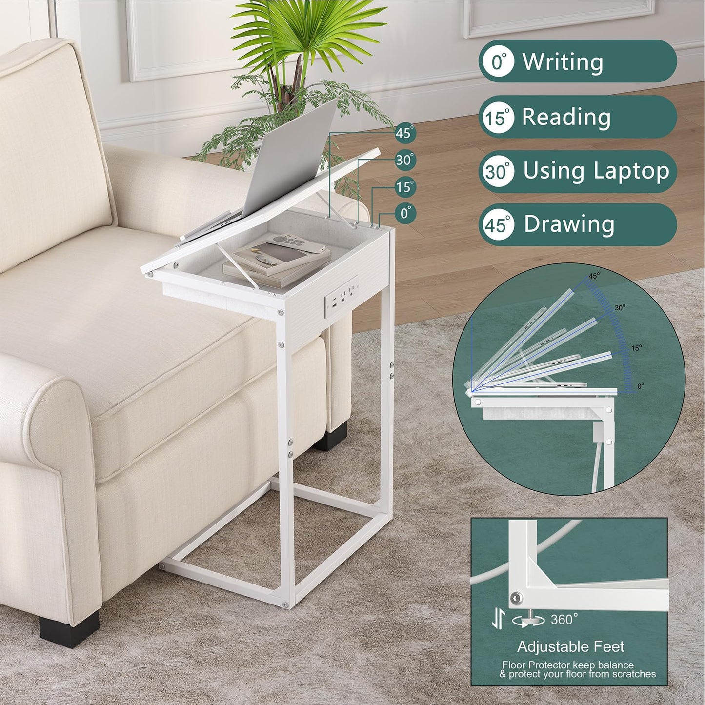 sthmec C Shaped End Table with Charging Station,45° Tiltable Adjustable Flip Top Side Table Set of 2,Small C Table Set 2 for Small Spaces,Slide Under Couch Sofa Bedside Table Living Room,White