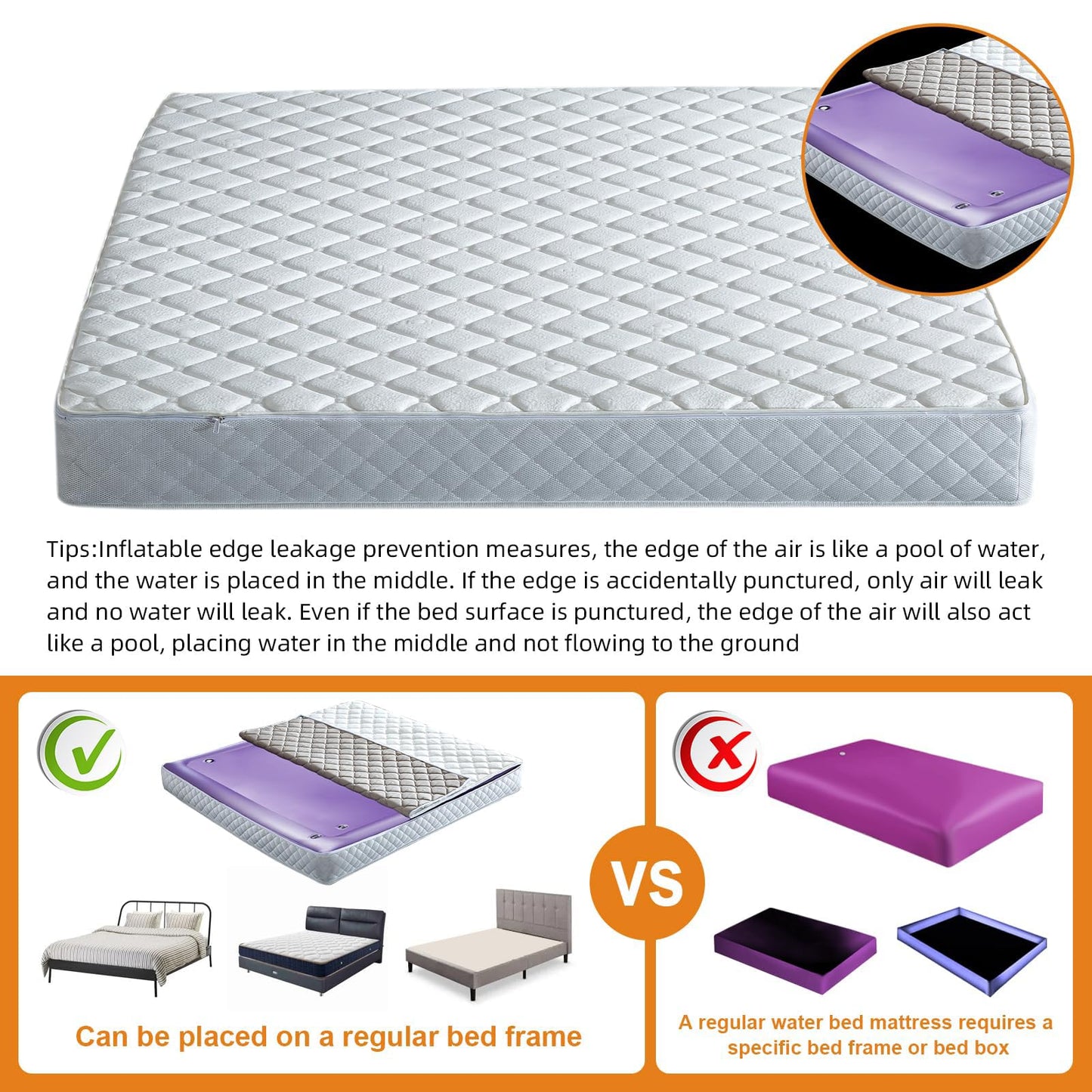 Ustenroya Free Flow Full Wave Water Mattress, Square Waterbed Mattress for Adults, 7.9" Thick PVC Softside Water Bed with Removable Cover, Protable and Foldable, Dual Air Valves (Queen - 60" x80")