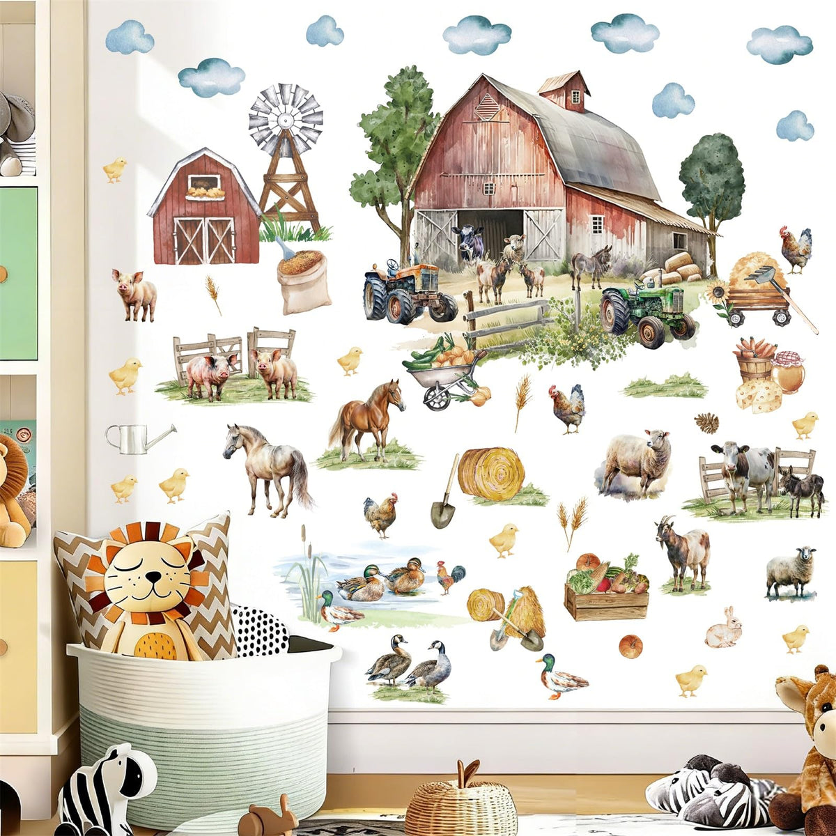 Large Farm Animal Wall Decals Peel and Stick Funny Animal Wall Stickers Farmhouse Decoration Sheep Chicken Rooster Duck Horse Pig Cow Cute Farm Wall Stickers for Kids Room Playroom Kitchen Decor