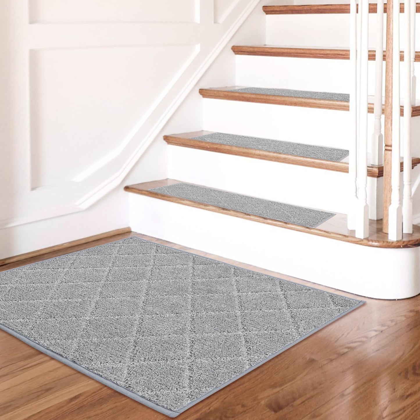 COSY HOMEER Edging Stair Treads Non-Slip Corner Indoor Stair Runners for Wooden Steps,Landing Slip Resistant Stair Rugs for Kids and Dogs, 100% Polyester TPE Backing,Grey,20"X32"