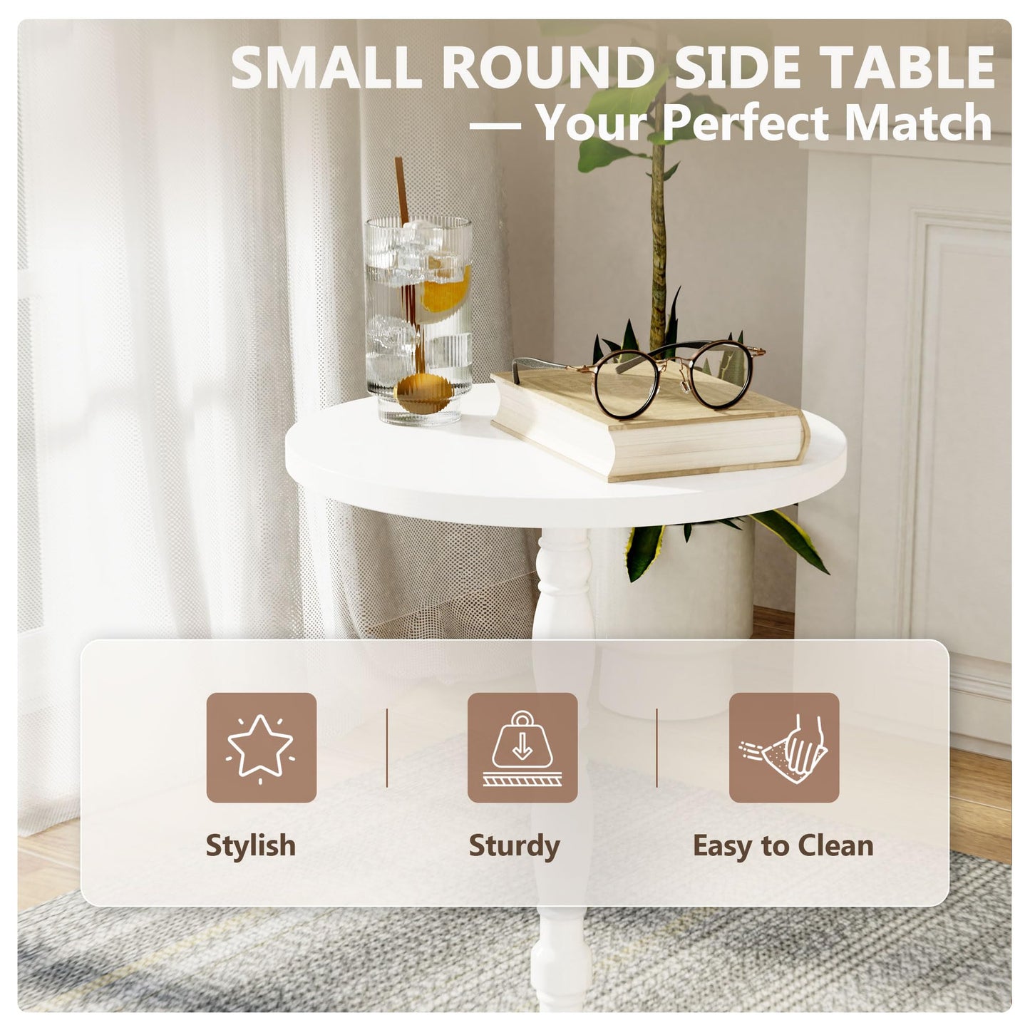 Lifenite Wood Drink Table, Round Side Table for Small Spaces, Pedestal End Table Modern Accent Nightstand for Living Room, Bedroom, Office, Sofa Corners, White