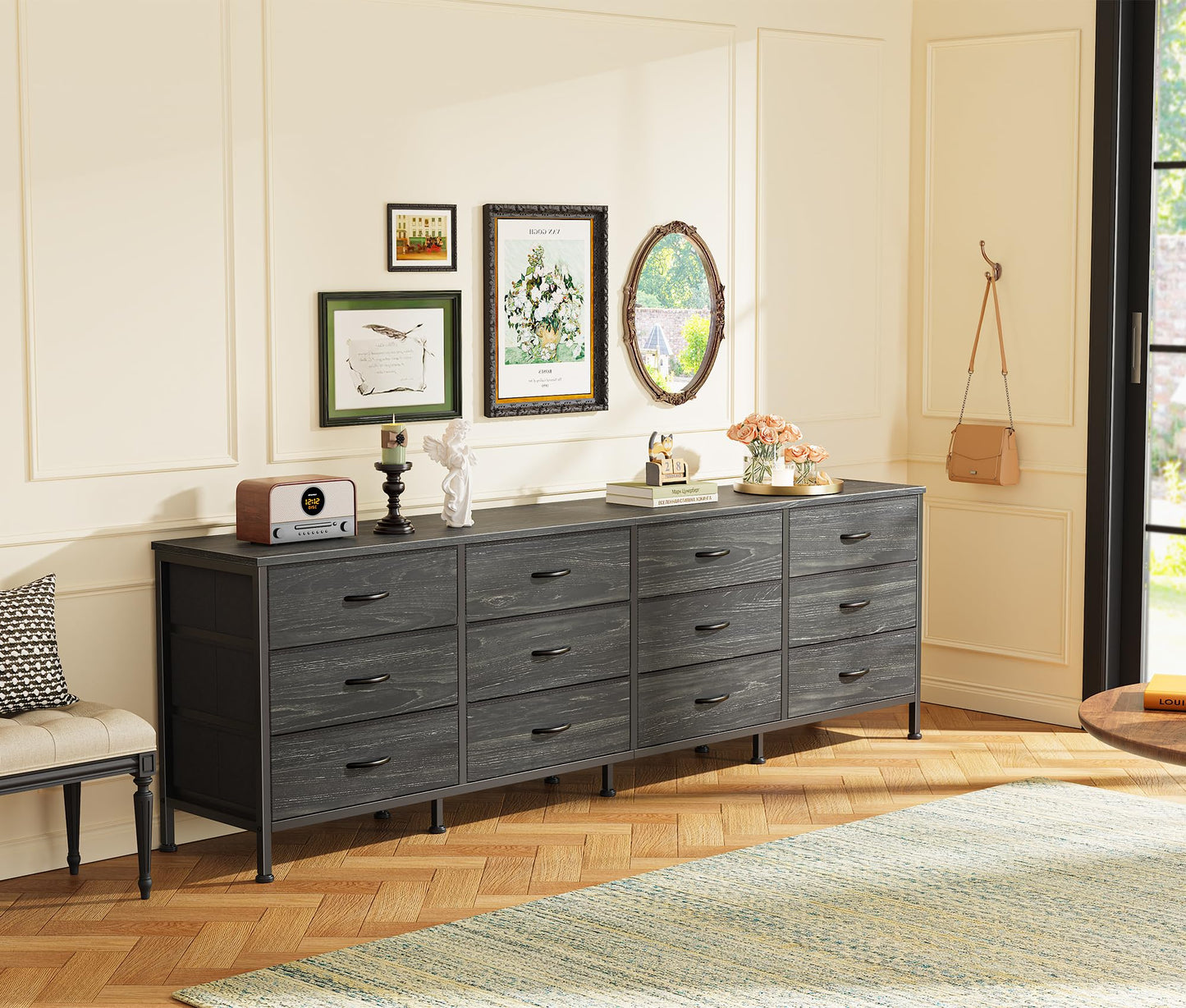 Huuger 70 Inch Dresser for Bedroom, TV Stand for 65, 75, 80 Inch TV,12 Fabric Drawer Long Dresser, Large Storage Organizer Unit, Chest of Drawer for Bedroom, Charcoal Black Wood Grain Print