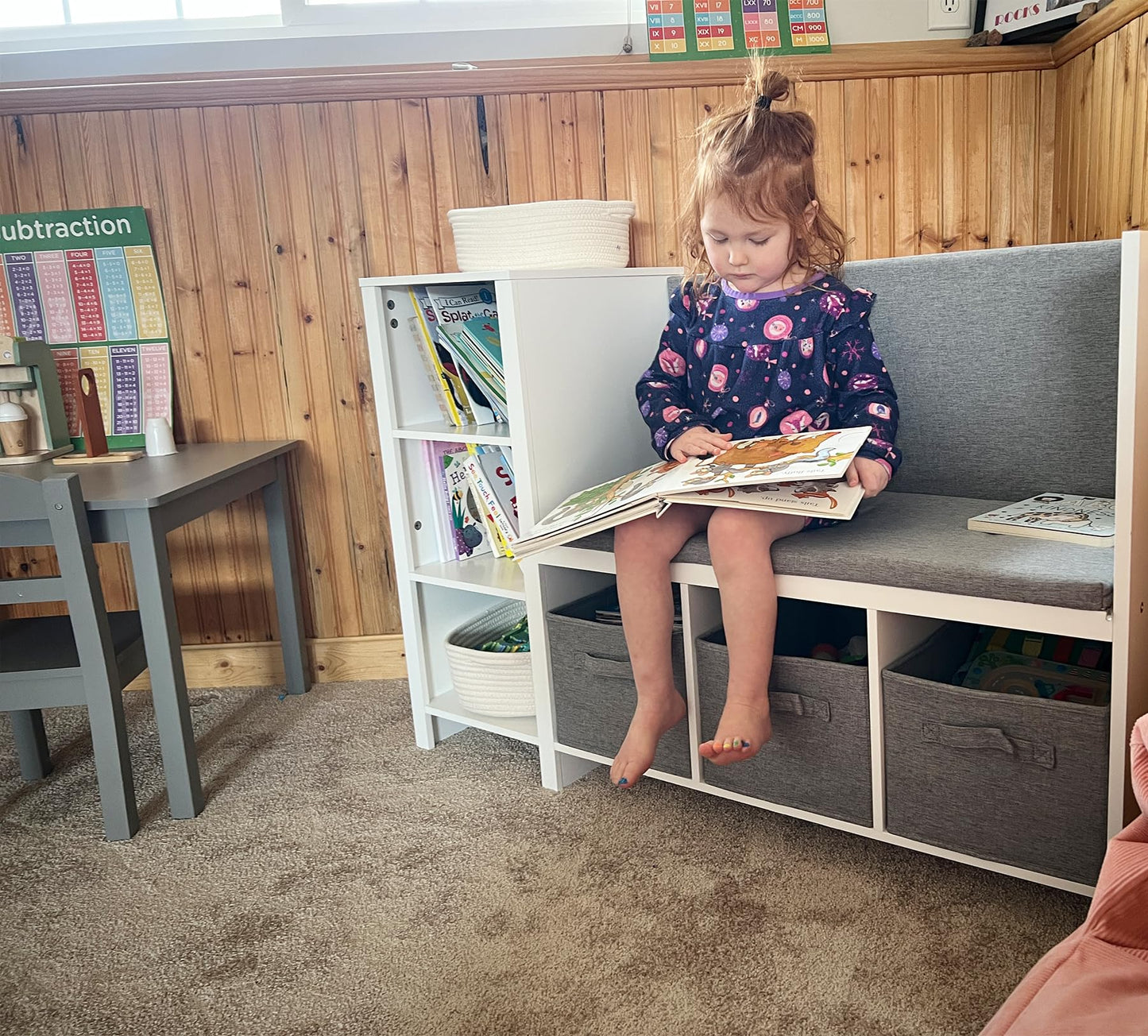 UTEX Kids Reading Nook Bench with Bookshelf, Kids Bookcase and Storage Organizer with Seat Cushion, Reading Bench with Bins for Bedroom & Entryway, White
