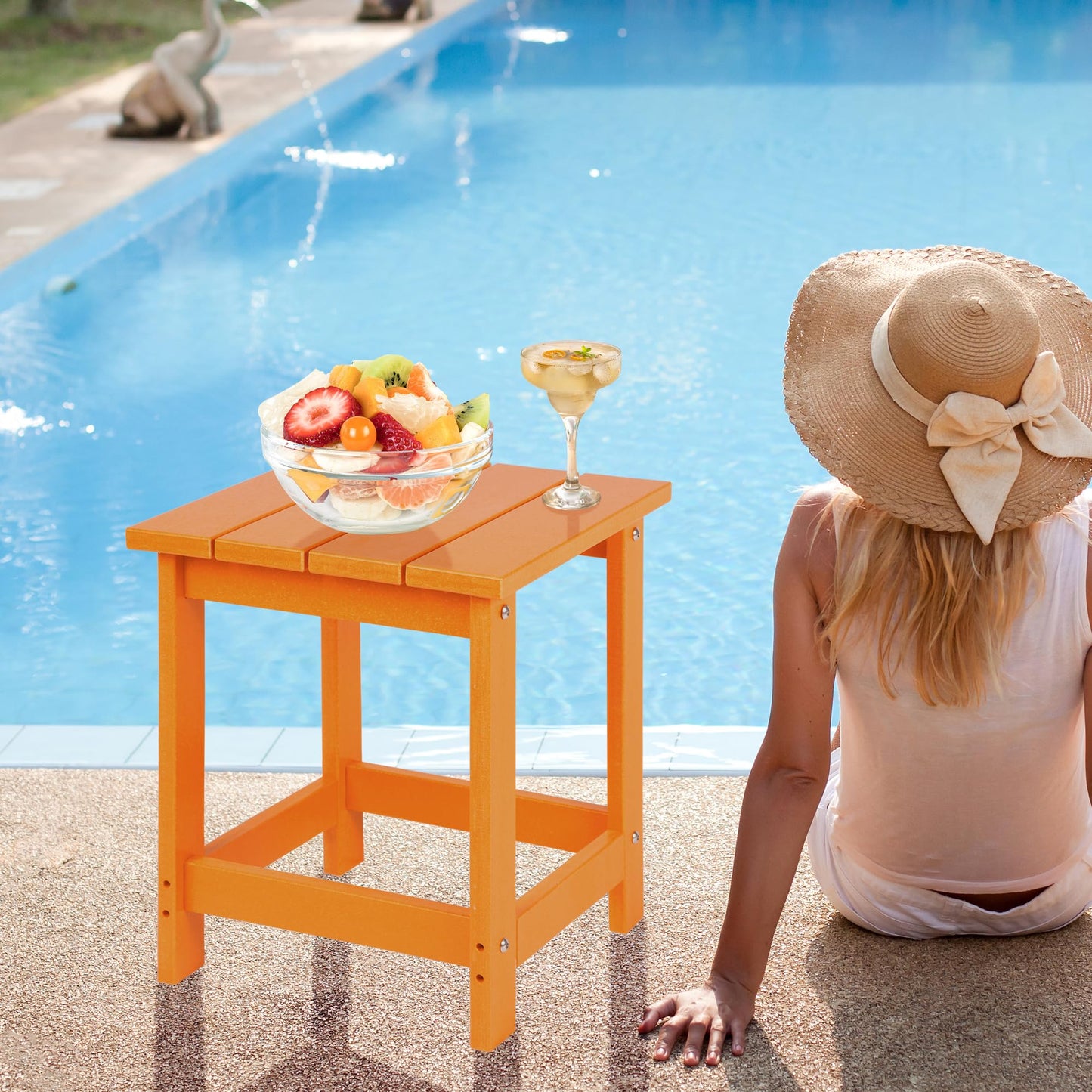 LZRS Square Patio Side Table, Heavy Duty HDPE Outdoor End Table with Wood Texture, Weatherproof Composite Table for Adirondack Chairs, Deck, Pool, Indoor/Outdoor, No Peeling or Cracking(Orange)