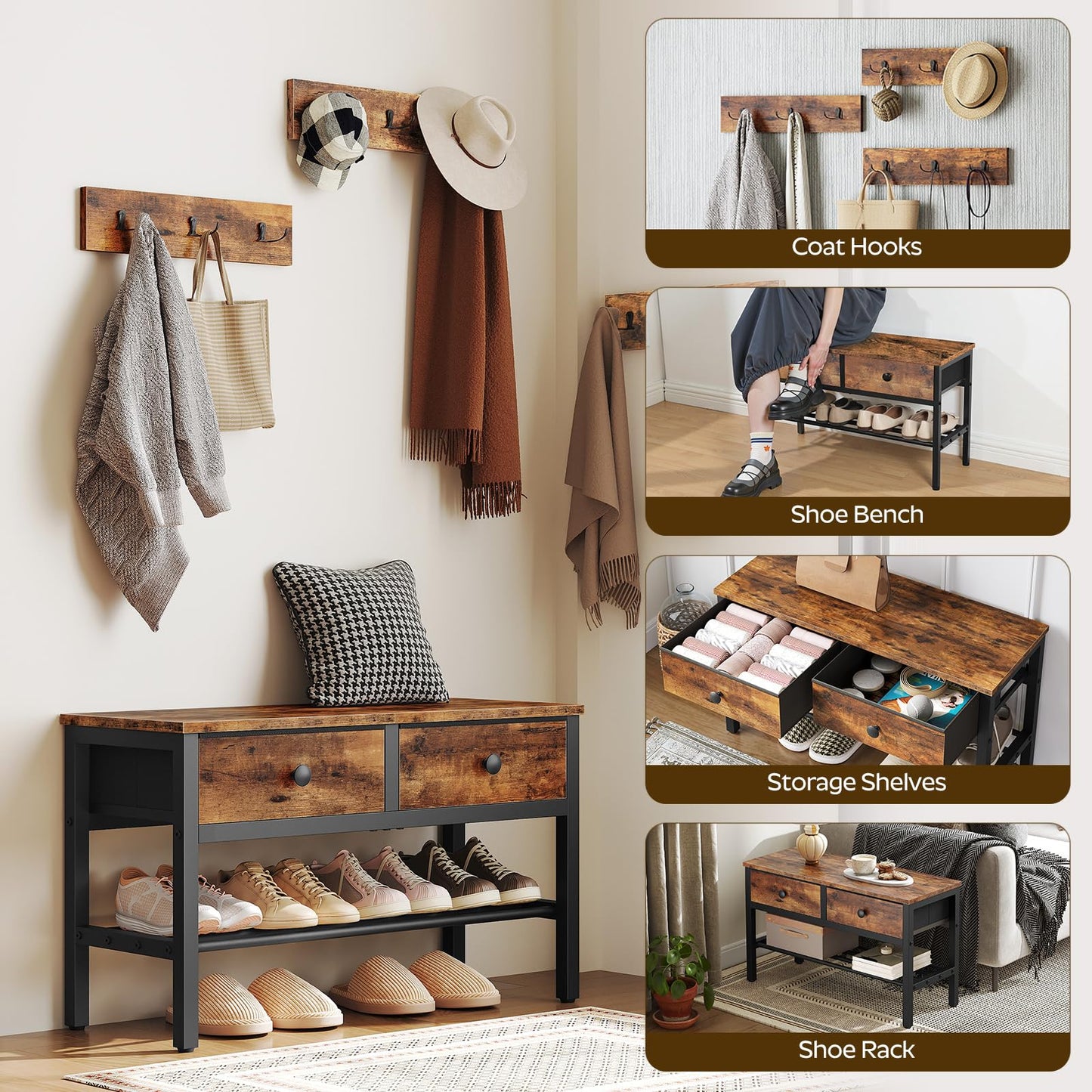 YATINEY Hall Tree with Bench and Shoe Storage, Entryway Bench with Coat Rack, 4-in-1 Coat Rack Shoe Bench, Multifunctional, for Front Door, Hallway, Foyer, Rustic Brown and Black MT05BR