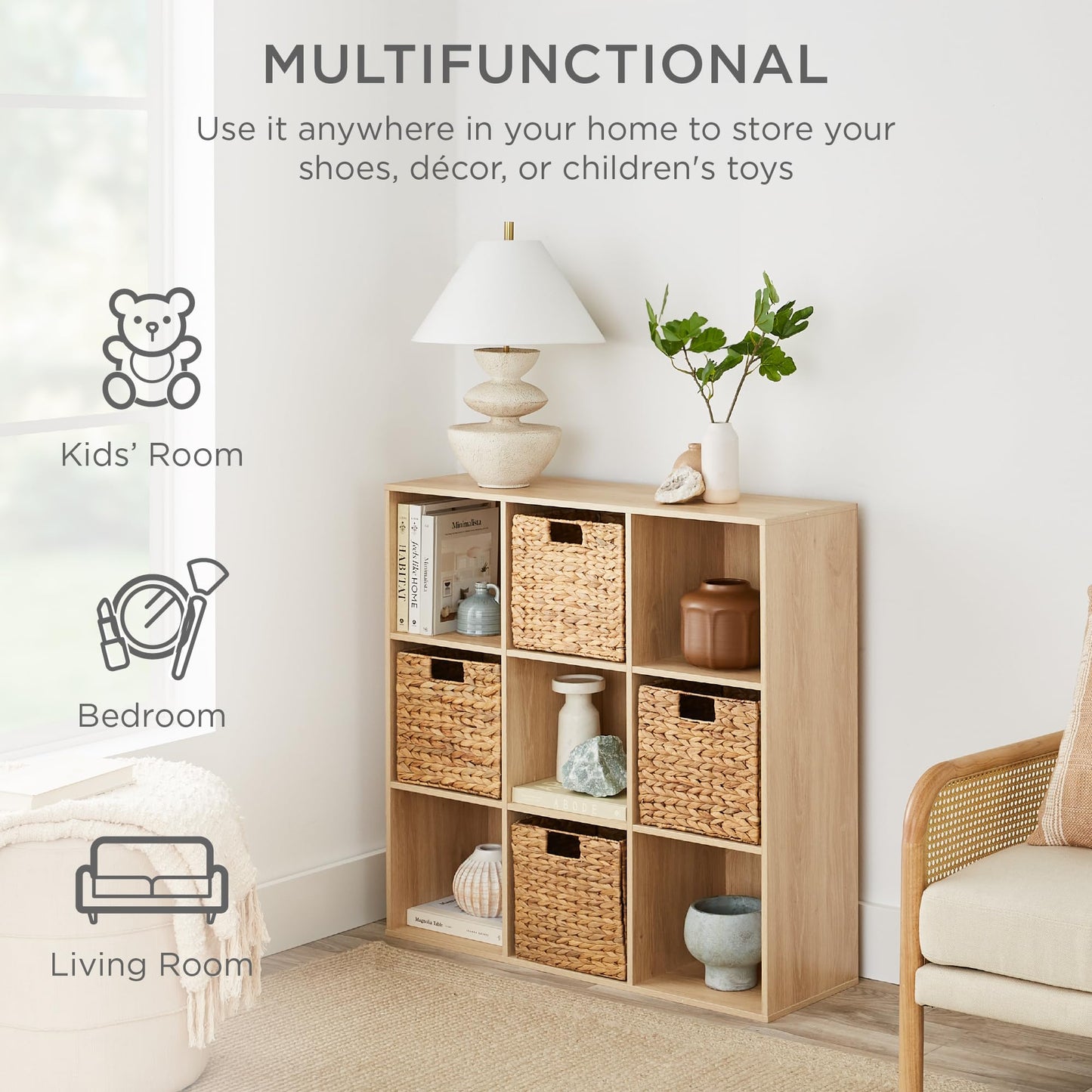 Best Choice Products 9-Cube Storage Organizer, 11in Shelf Opening, Bookcase, Display Shelf, Customizable w/ 3 Removable Back Panels - Light Oak