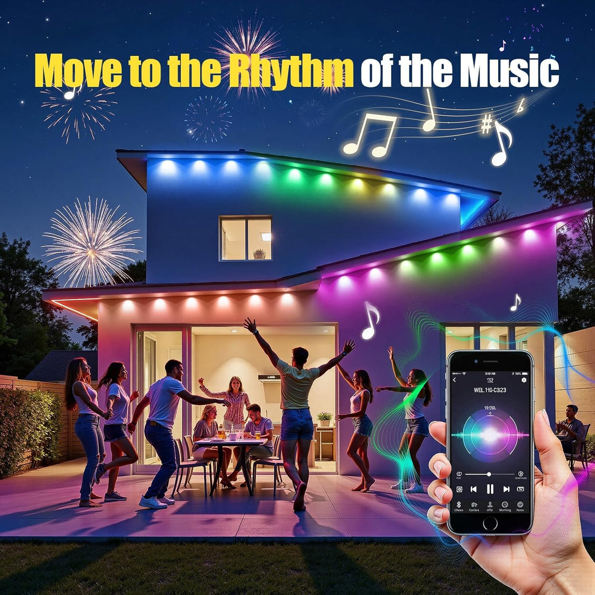 Permanent Outdoor Lights,100ft RGB + IC Smart LED Eaves Lights with App & Remote Control, IP67 Waterproof,for Christmas and All Holiday Decor,Daily and Accent Lighting,House Roof and Garden Lighting