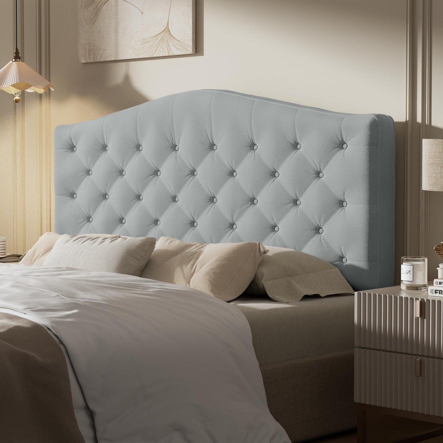 HOMRELEXA Upholstered Headboard Queen Size with 4" Thickened High-Density Sponge, Modern Button-Tufted Queen Headboard Only, Luxury Chenille Fabric, Easy Assembly, Grey