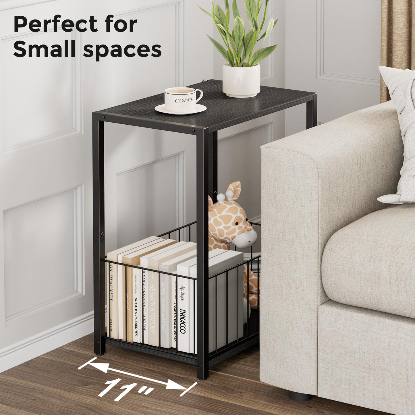 Homleke Side Table with Magazine Holder, Record Player Stand with LP Shelf, End Table for Living Room, Bedroom, or Bedside, Easy Assembly, 11" D x 16.9" W x 23.6" H, Black