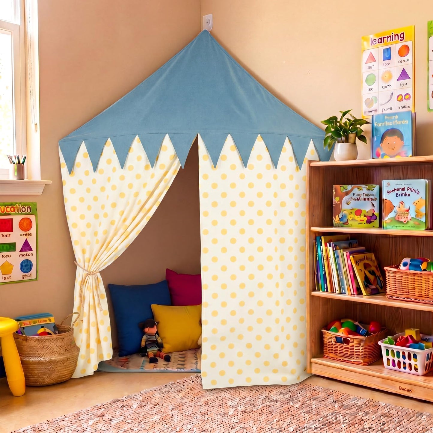 Tigeen Reading Corner Decoration Include Reading Nook Tent with 3 Adhesive Hooks Corner Play Tent Hanging Wall Mounted Canopy with Polka Dot Curtains for Bedroom Nursery Playroom Decoration
