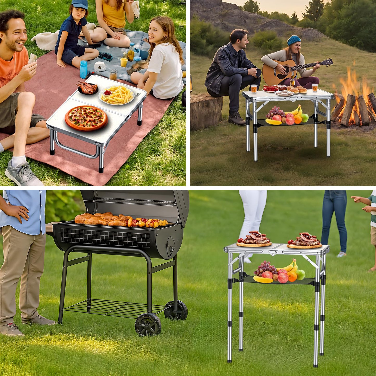 Anbte Folding Camping Table, Aluminum 24" x 16" Adjustable Height Small Folding Table with Carrying Handle, Lightweight, Portable Camping Table Waterproof for Outdoor Indoor Picnic Beach BBQ, Silver