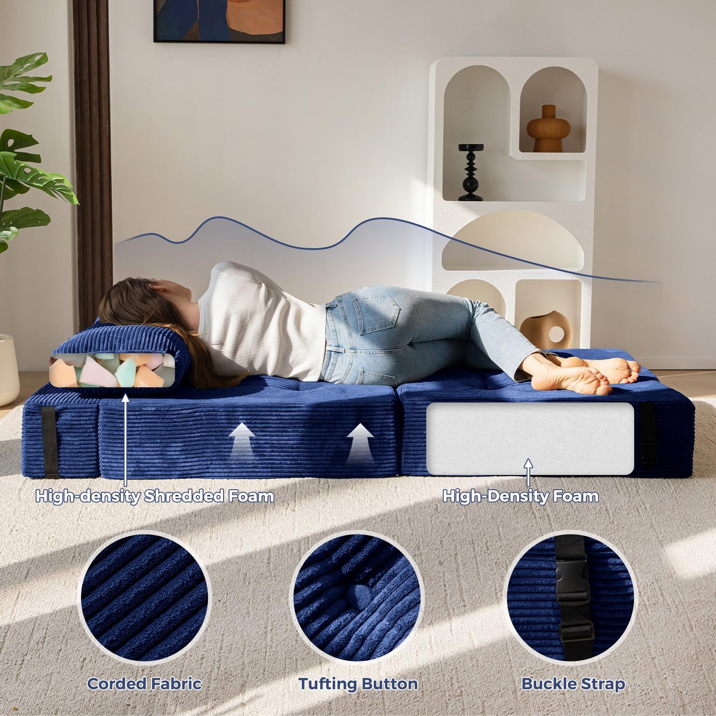 MAXYOYO Folding Sofa Bed, Convertible Chair Bed with High-Density Support Foam, Portable 4 in 1 Fold Out Seating to Floor Lounger, Versatile Floor Sofa Couch for Living Room Bedroom, Navy