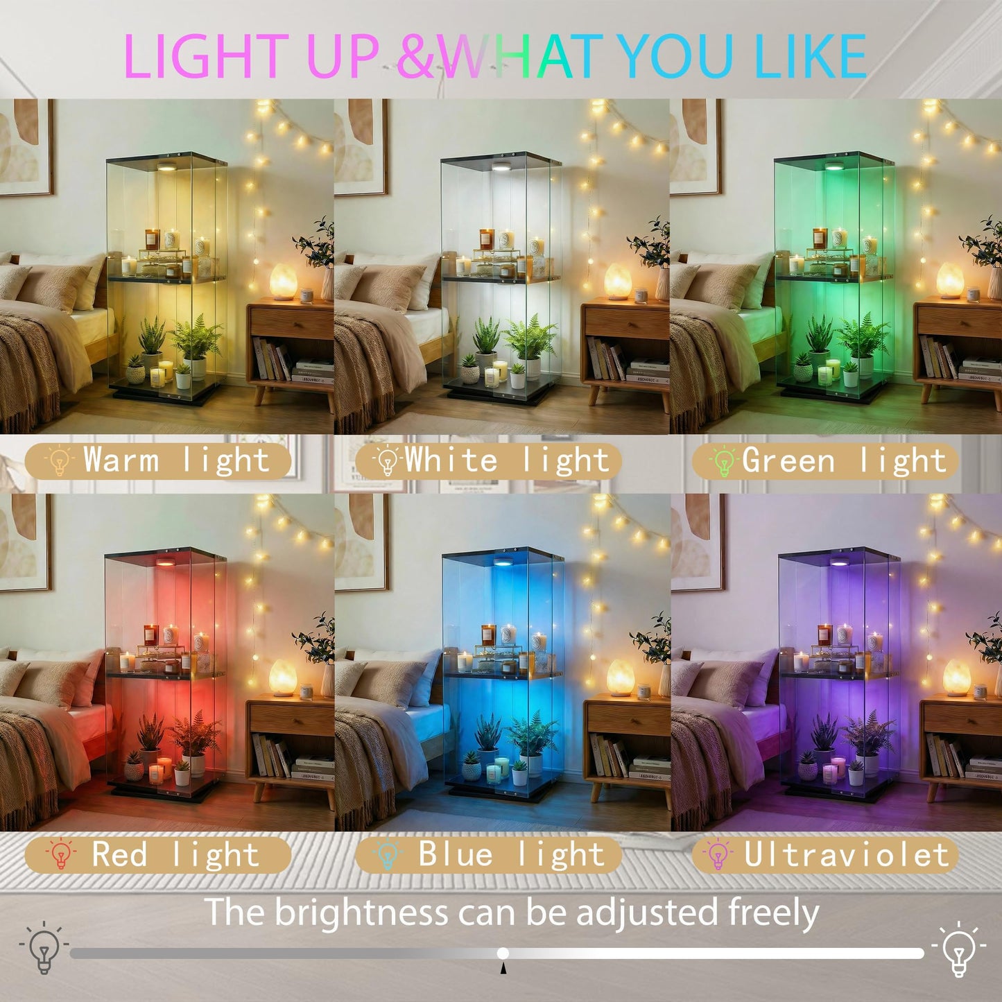 ZIHUASHENG Glass Display Cabinet with Rotating Base, Curio Cabinet with LED Light, 2-Shelf Tempered Glass Display Case for Collectibles, Curio Display Cabinet for Living Room,Home Decor, Black