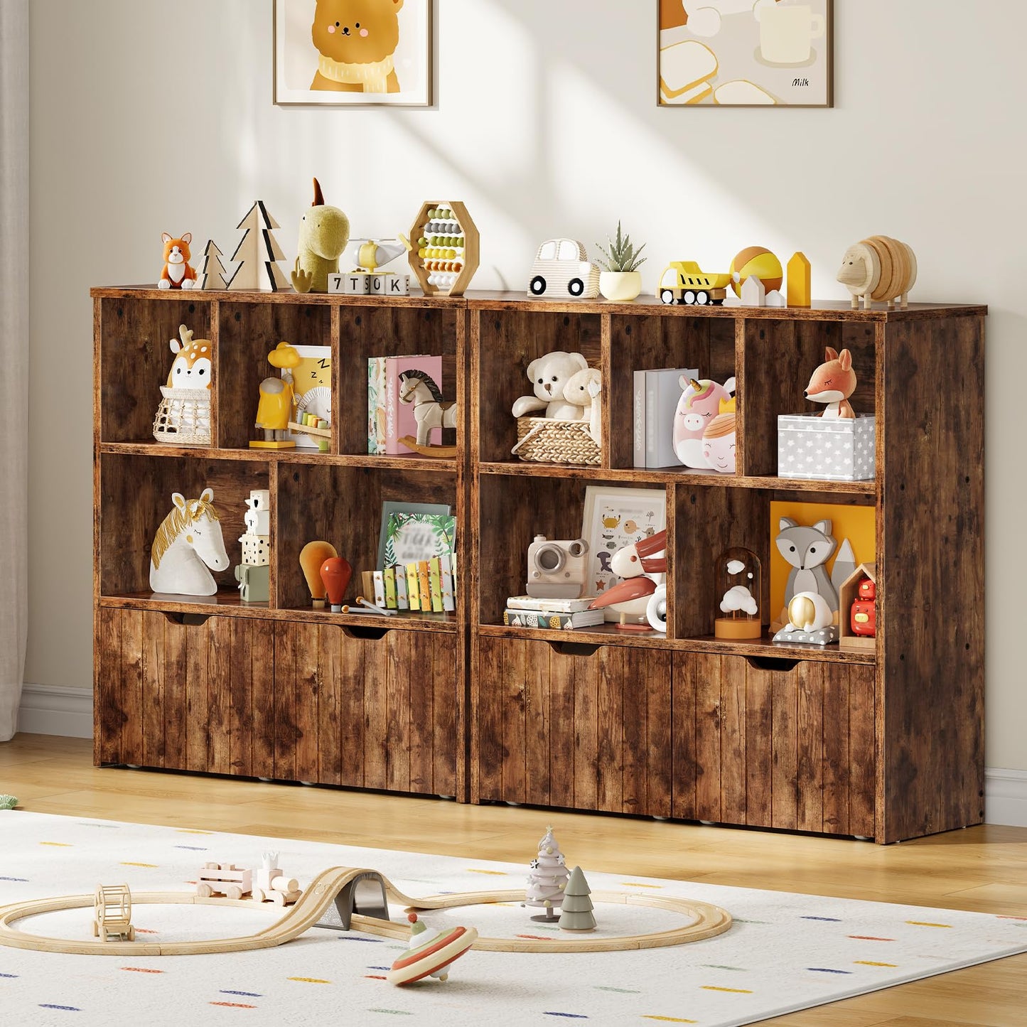 HOOBRO Toy Storage Organizer, Toy Organizers and Storage with 2 Movable Drawers and 5 Cubbies, Toy Chest Shelf for Books or Dolls, Kids Bookshelf and Toy Storage for Playroom, Rustic Brown BF88CW01