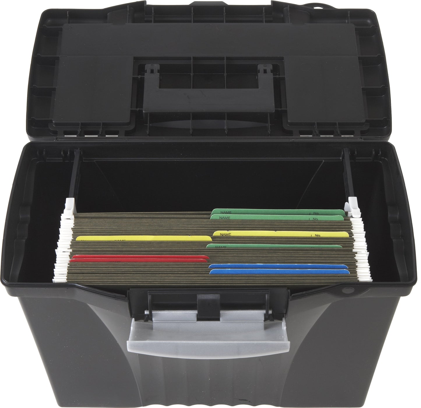 Storex Portable Letter/Legal Filebox with Organizer Lid, Letter/Legal Files, 14.5" X 10.5" X 12", Black