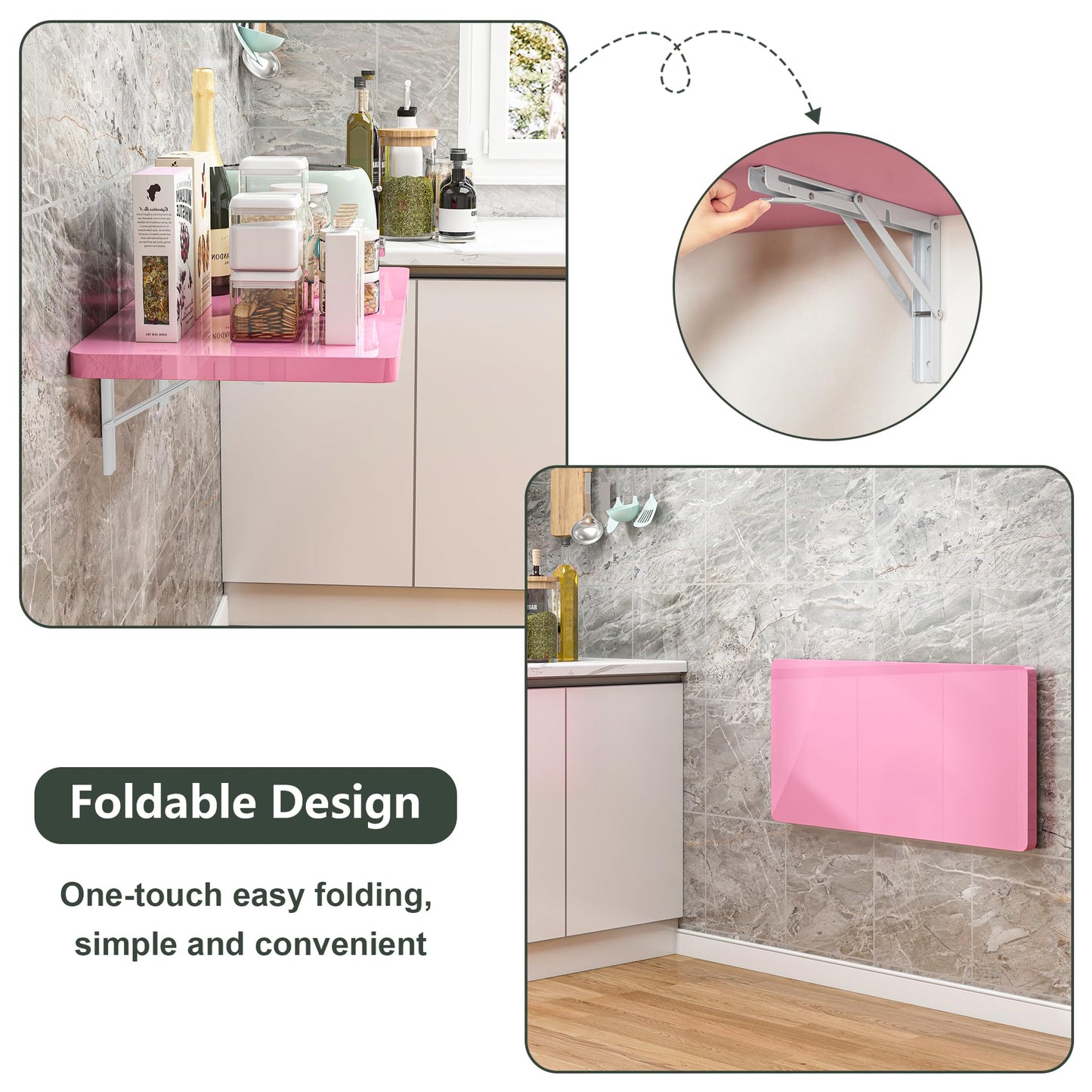 Clikuutory Wall Mounted High Gloss Folding Table, Wall Desk Fold Down for Small Spaces, Folding Workbench for Laundry Room, Home Office, Kitchen, Bedroom, Home Bar, Pink (31.5"×15.7")