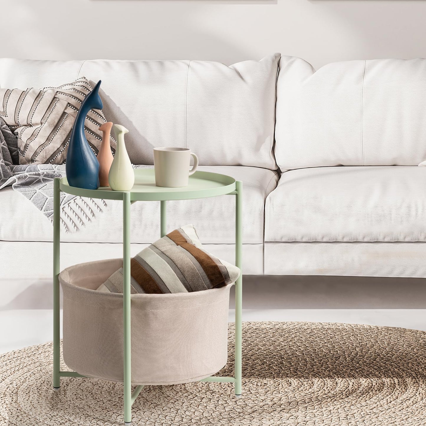 danpinera Round Side Table with Fabric Storage Basket, Metal Side Table Small Bedside Nightstand with Removable Tray Top for Living Room, Bedroom, Nursery, Laundry, Light Green